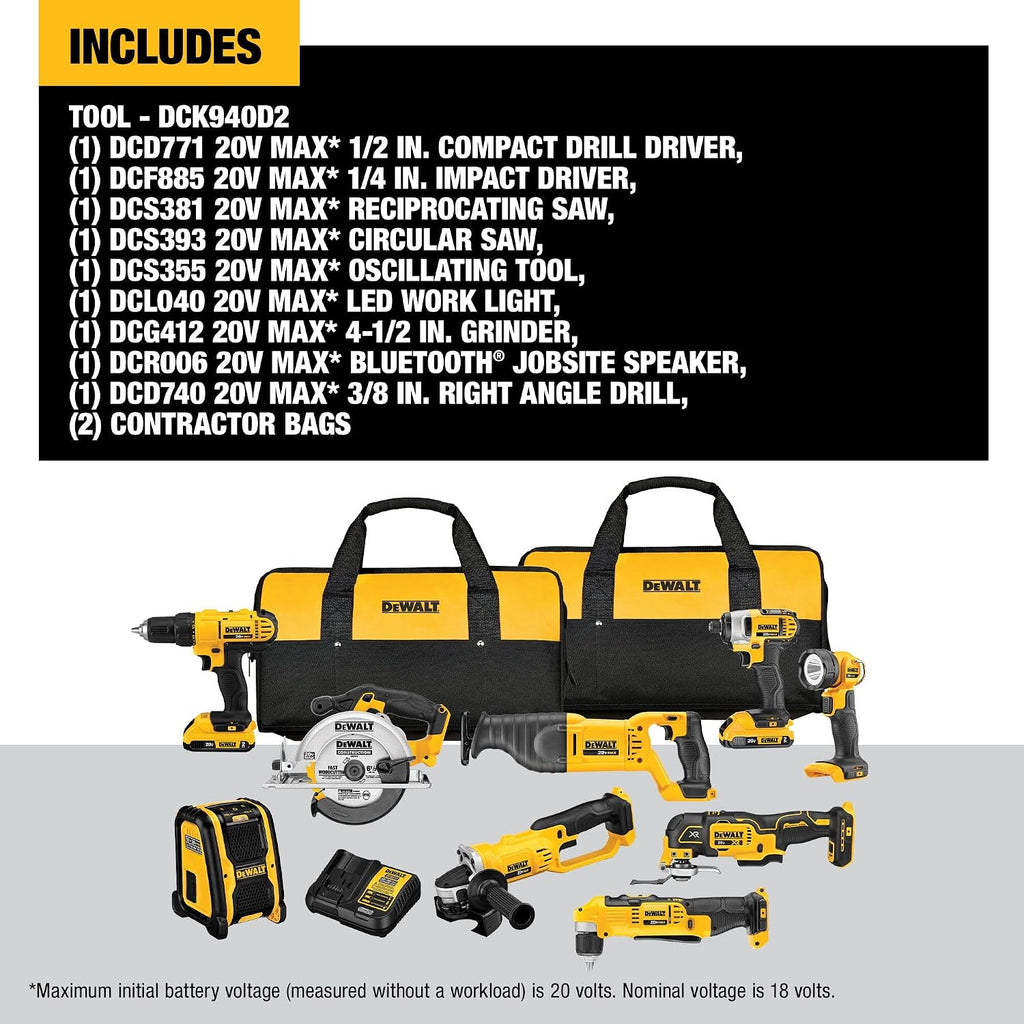DEWALT 20V MAX Power Tools, 9 Cordless Tool Combo, Impact and Drill Driver, Oscillating Tool, Grinder,Circular and Reciprocating Saw,Right Angle Drill,Speaker,LED Light, 2 Batteries,Charger (DCK940D2)