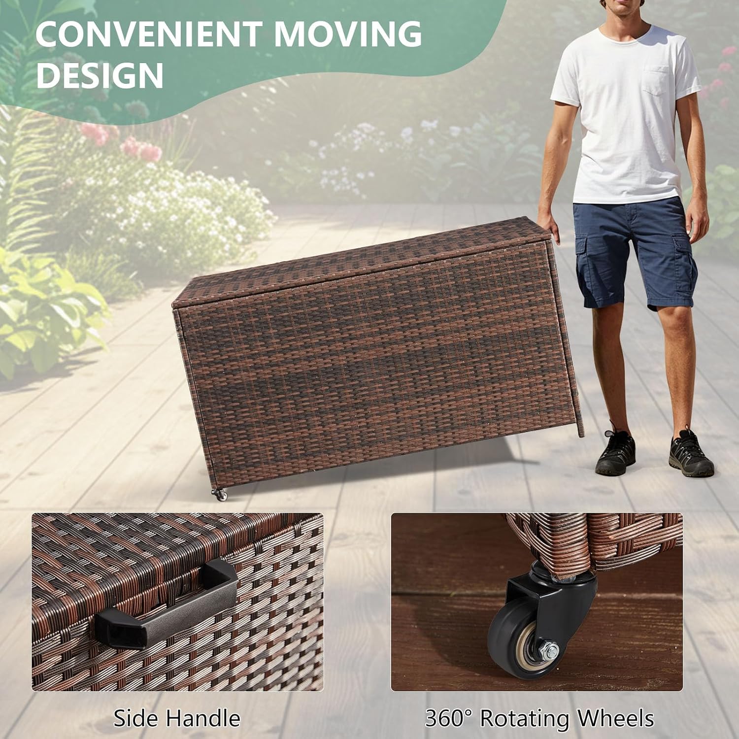 AVAWING 180 Gallon Large Deck Box, Outdoor Wicker Storage Container, Patio Rattan Furniture for Garden Tools, Pillows, Pool, Brown