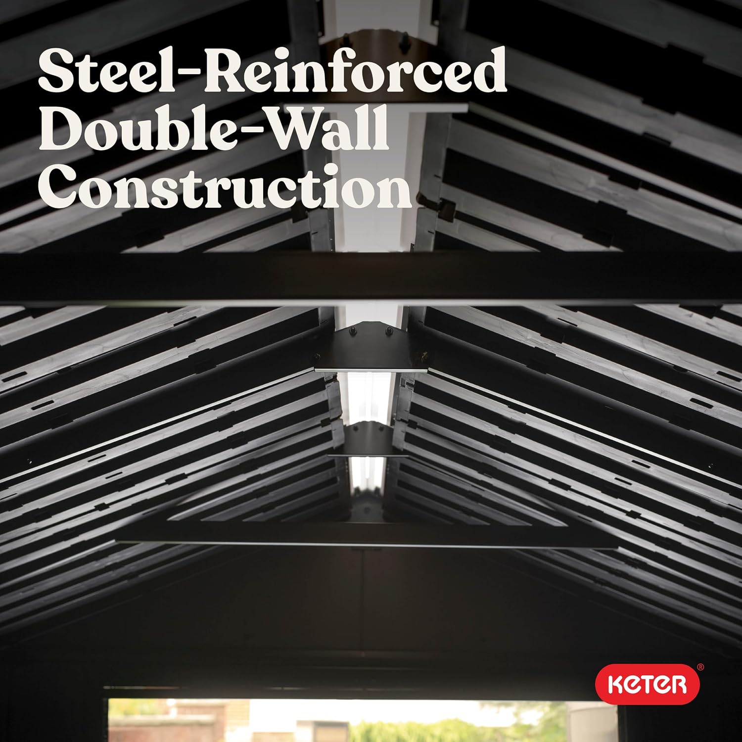 Keter Newton Plus 7.5x15 Ft All-Weather Storage Shed with Skylight, Window, Built-in Ventilation, Customizable Walls, & Lockable Double Doors, Graphite