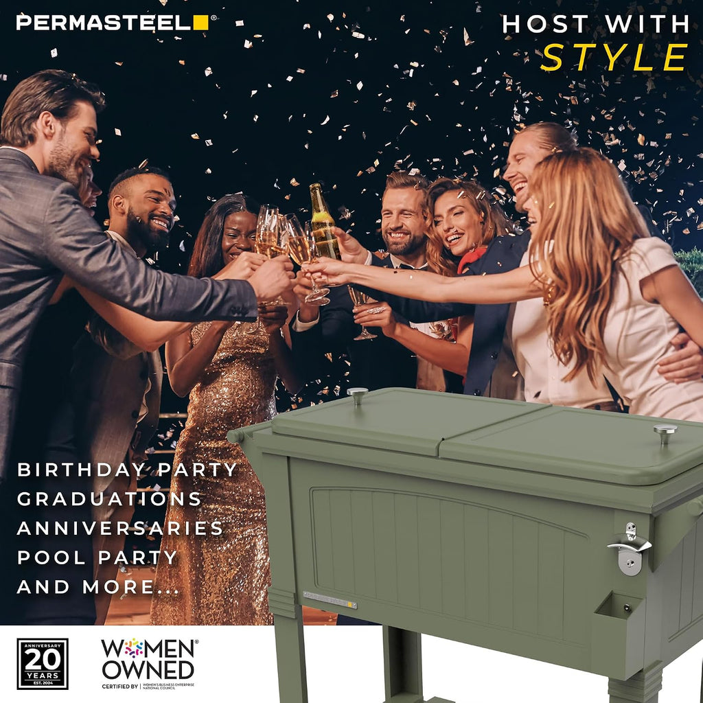 Permasteel Party Cooler with Divider, Spacious 80-Qt Capacity, Chills 36hrs, Serving Tray, Rolling Ice Chest for Indoor and Outdoor Entertainment, Matte Green