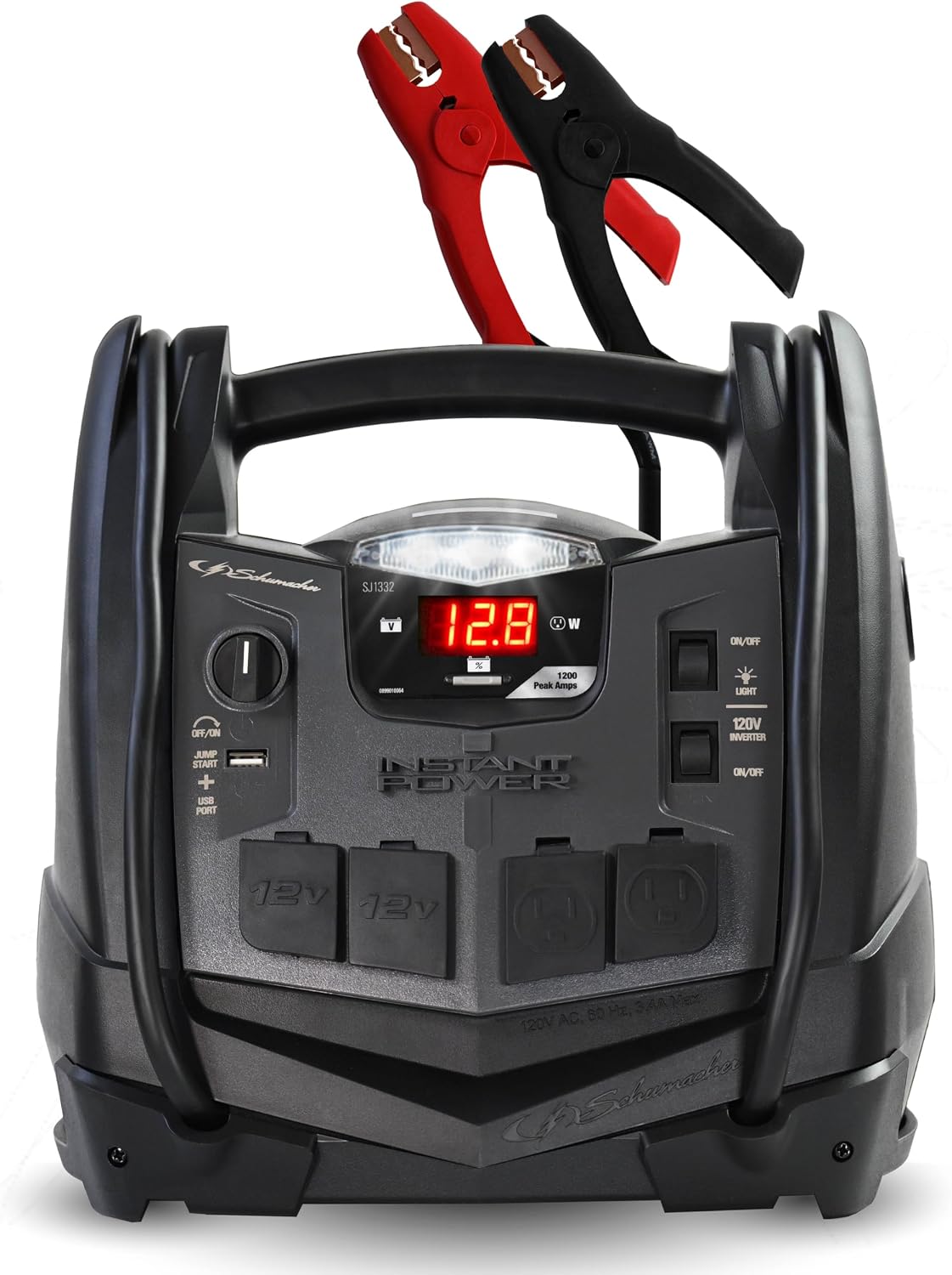 Schumacher Electric 1200A Car Battery Jump Starter and Portable Power Station, 6-in-1 Solution for 12V Batteries, 150-PSI Air Compressor, 200 Continuous/400 Peak Watt Inverter, SJ1332