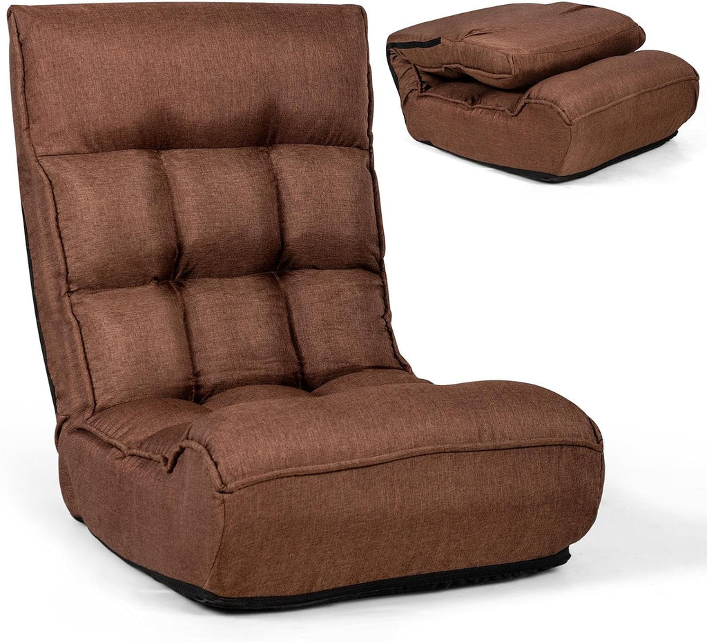 LDAILY Moccha Folding Floor Chair, Adjustable Sofa Chair with 5-Position Headrest & 4-Position Backrest, Floor Gaming Chairs with Thicken Cushion, Padded Chaise Lounge for Bedroom, Living Room, Brown