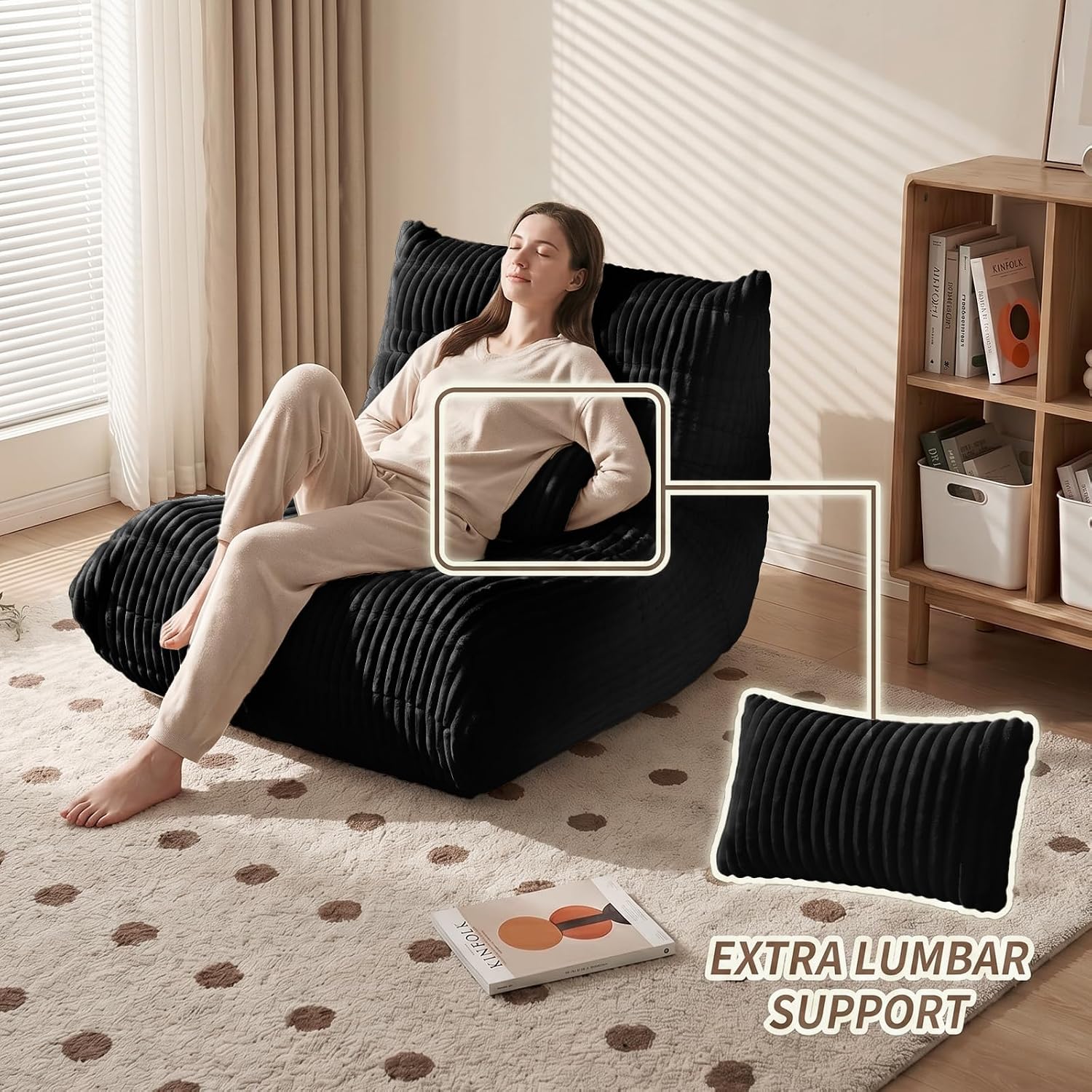 Bean Bag Chair with Lumbar Pillow, Gaint Bean Bag Chairs for Adults, Oversized Corduroy Beanbag Chair with Memory Foam Filled, Lazy Floor Sofa for Reading Gaming Living Room Bedroom (Black)