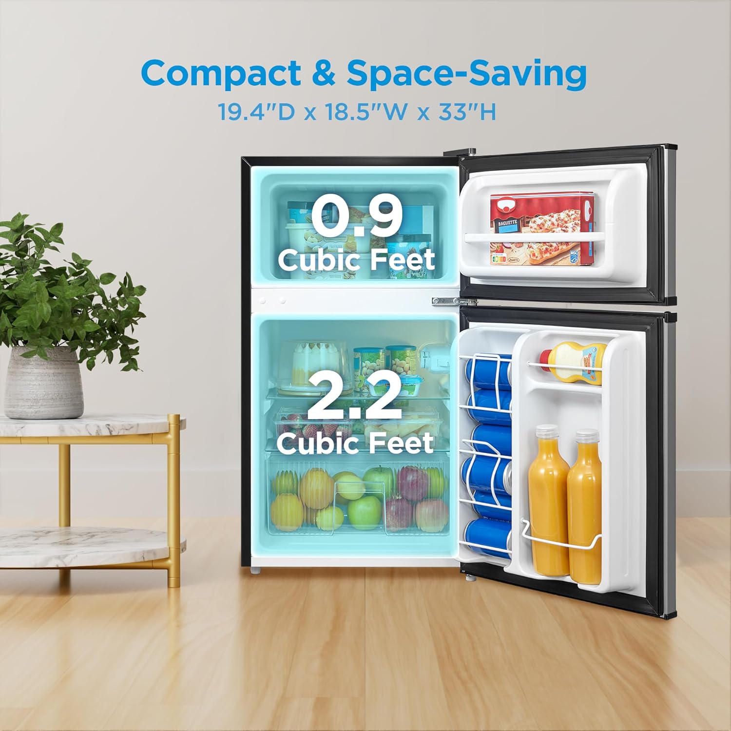 Midea WHD-113FSL 3.1 Cu Ft Compact Fridge with Freezer, Energy Star Certified Mini Fridge with Interior Light, Adjustable Shelves, Perfect for Office, Dorm, Bedroom, Silver