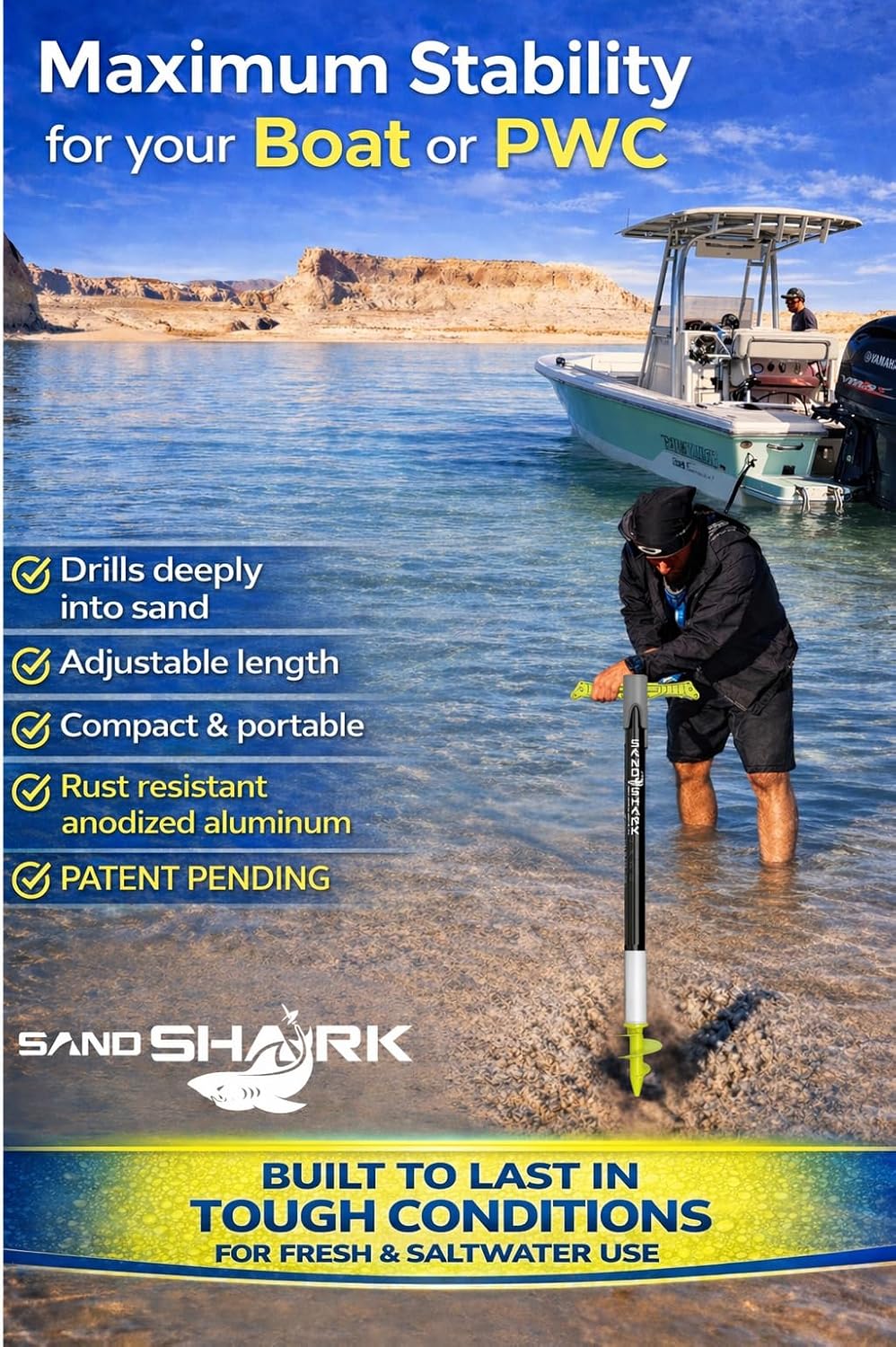 SandShark Supersport 3.0 Shallow Water Anchor - Great Jet Ski, PWC, Pontoon Boat Accessory - Adjusts 29'-48' w/Case
