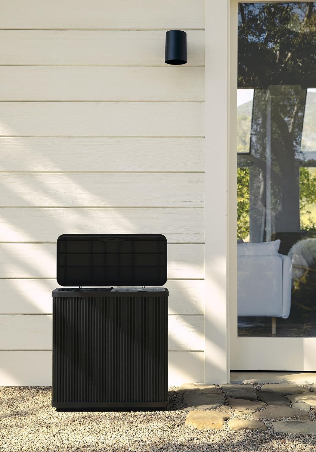 Veradek Tambour Series Outdoor Trash Can with Lid – All-Weather Waste Bin for Patio, Pool, BBQs & Parties | Durable Dual Bag System up to 30 Gallons | Modern Design for Backyard or Deck