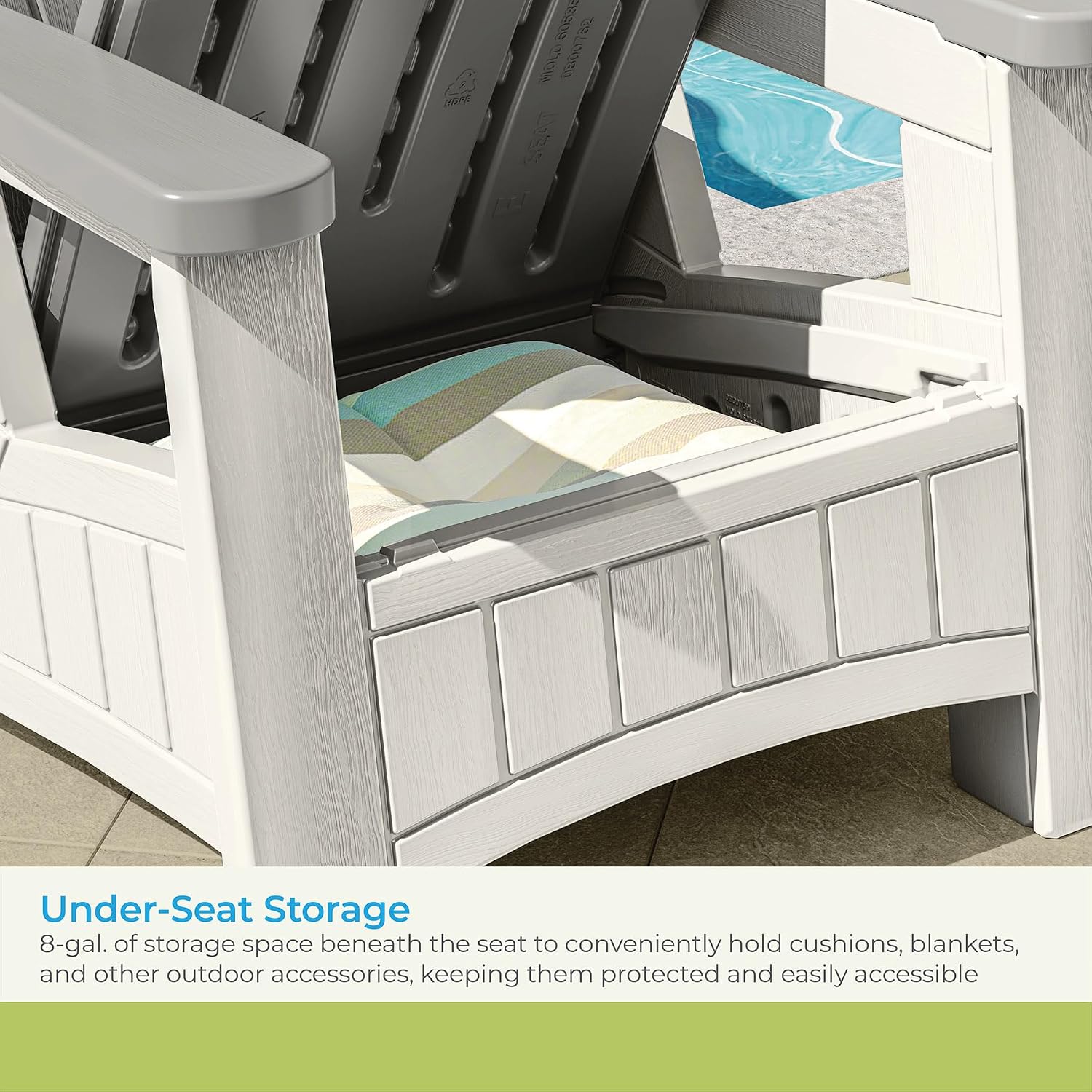 Suncast Outdoor Patio Adirondack Chair with 8 Gallons of Under-Seat Storage, Stylish Faux Wood Outdoor Storage Chair, Dove Gray/Ice Cube, Made in The USA