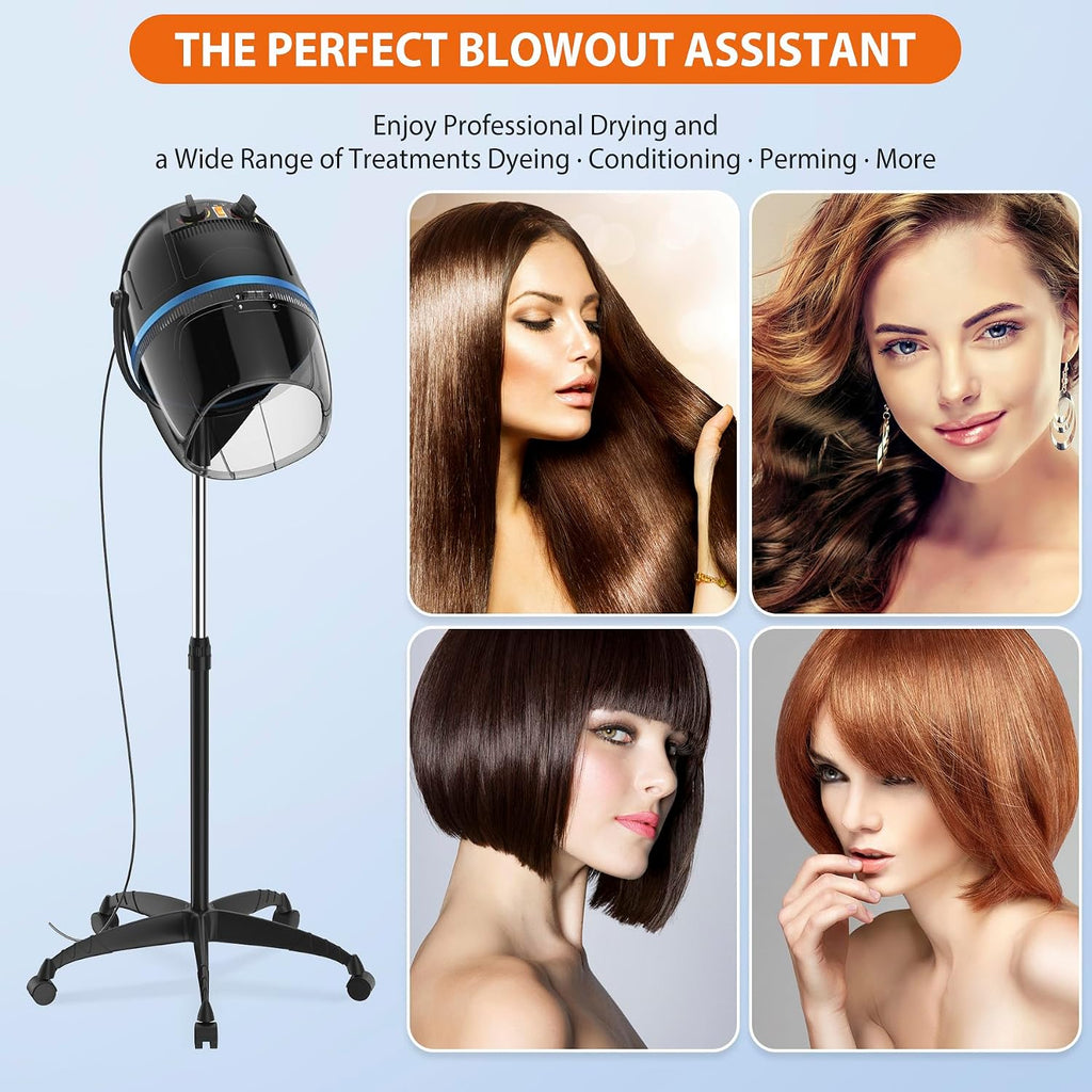 JupiterForce Professional Hooded Floor Hair Dryer 1300W Adjustable Stand Up Bonnet Hair Dryer with Rolling Wheels for Home Salon Spa Beauty Equipment, Black