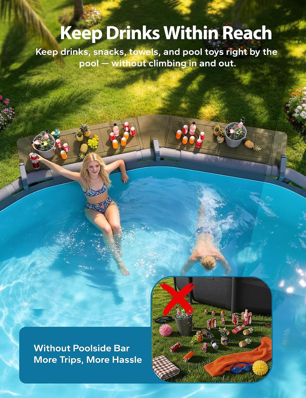 POOLHACKER Poolside Bar Extended for Above-Ground Round Pools, Original Swim-Up Bar Table, Foldable Patio Poolside Table, Weather-Resistant Stable Tabletop, Easy Maintenance, Brown