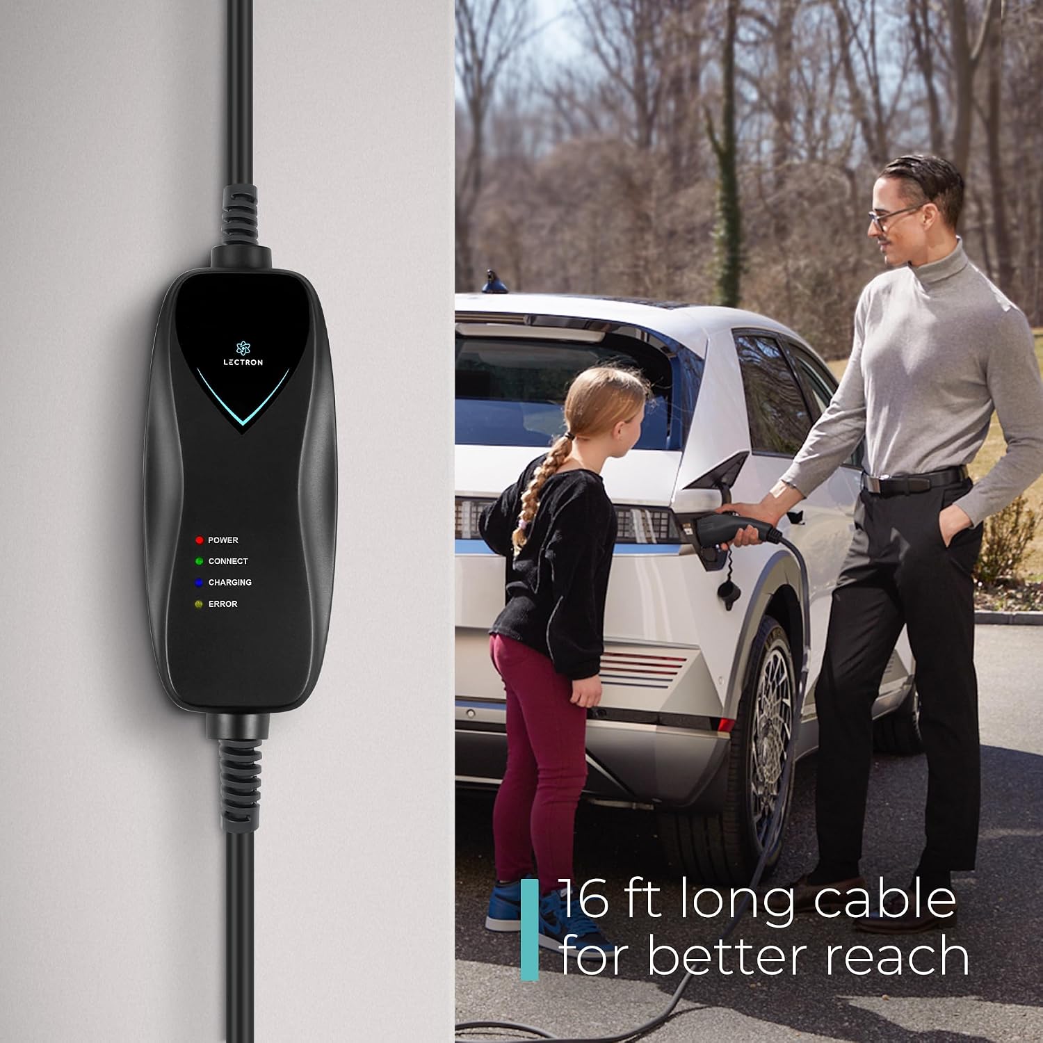 Lectron Level 1 J1772 Charger (WiFi Version) - 120V, 15 Amp, NEMA 5-15 Plug, 16 ft Extension Cord - Portable Electric Car Charger for J1772 Evs