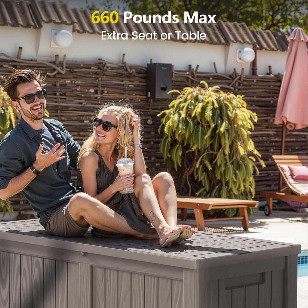 Zapdos Outdoor Storage Box, 120 Gallon Deck Box with Stainless Steel Rods, Waterproof Large Resin Storage Bin for Patio Cushions Garden Tools, Lockable Outside Storage Box, Grey