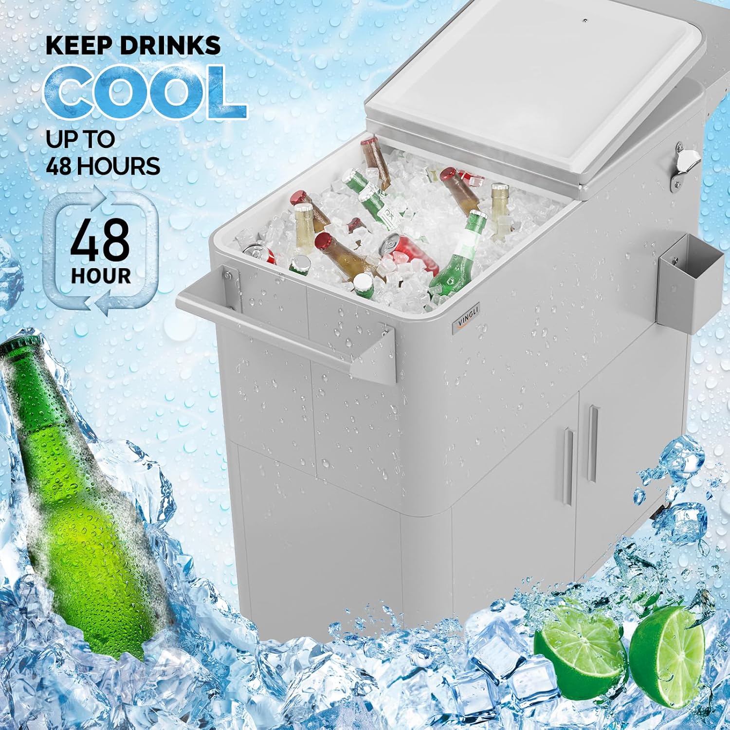 VINGLI 80 Quart Rolling Ice Chest on Wheels, Portable Patio Party Bar Drink Cooler Cart, with Shelf, Beverage Pool with Bottle Opener,Water Pipe