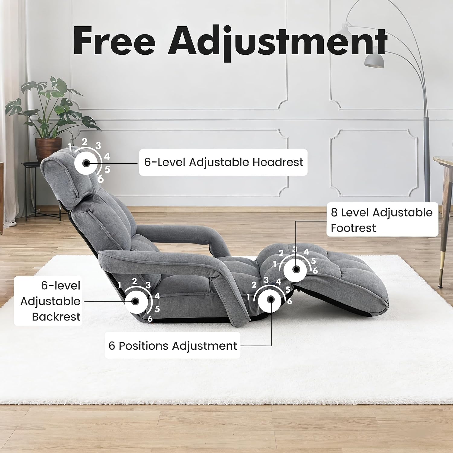 KOMFOTT Foldable Floor Lazy Sofa, Indoor Chaise Lounge Sofa with 6 Adjustable Positions, Folding Chair Bed with Adjustable Armrests, Backrest & Footrest, Ideal for Living Room, Bedroom (Grey)
