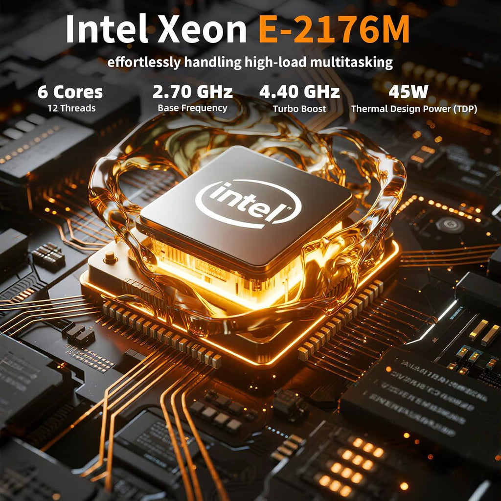 Mini PC Computer，Intel Xeon E-2176M (Up to 4.4GHz)，16GB DDR4 RAM, 512GB PCIe SSD, Mini Computer Supports 4K Dual Screen Display/WiFi6/BT5.2/Dual Gigabit LAN/VESA