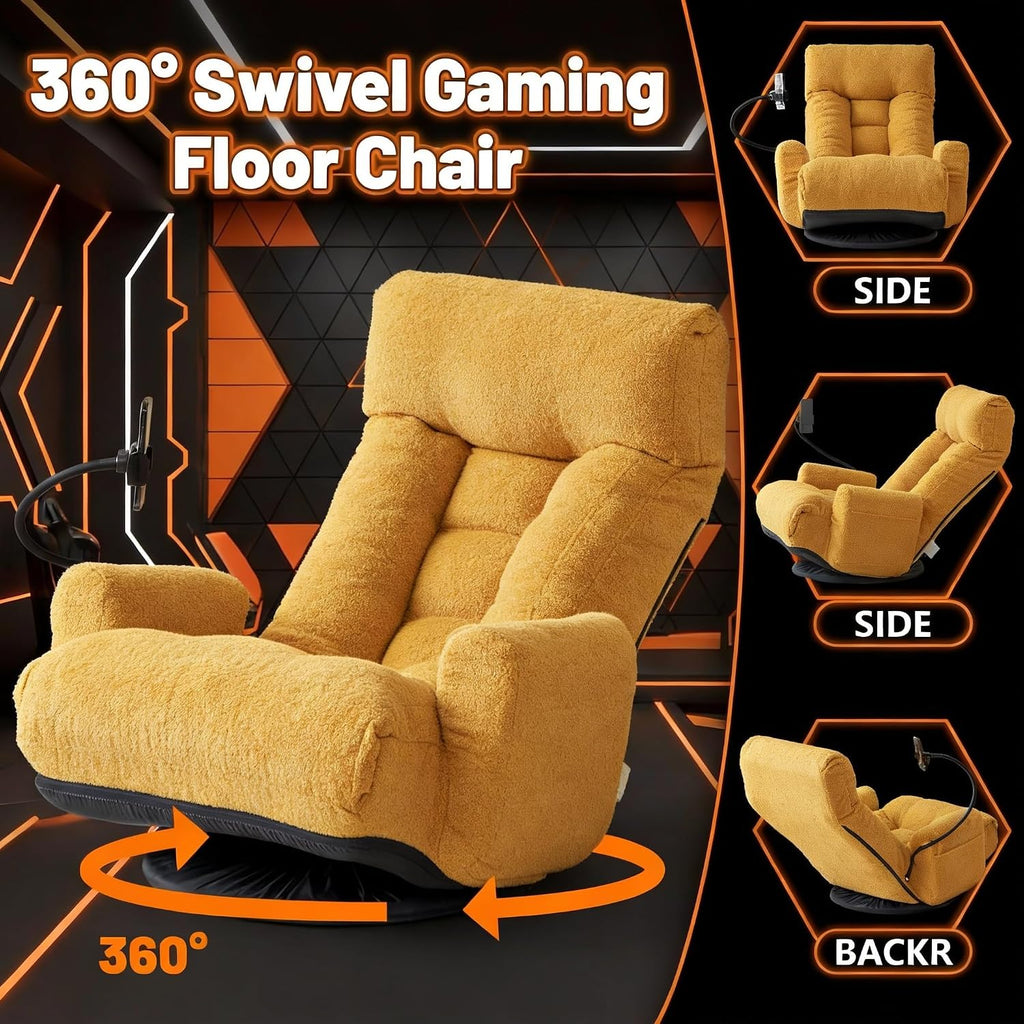 Gaming Chair Floor Sofa, Gaming Lounge Chair with 14-Section Head & 3-Section Waist Adjustment, 360° Swivel & Spring Seat for Gaming, Napping, Reading, Dorm, Small Apartment (Yellow)