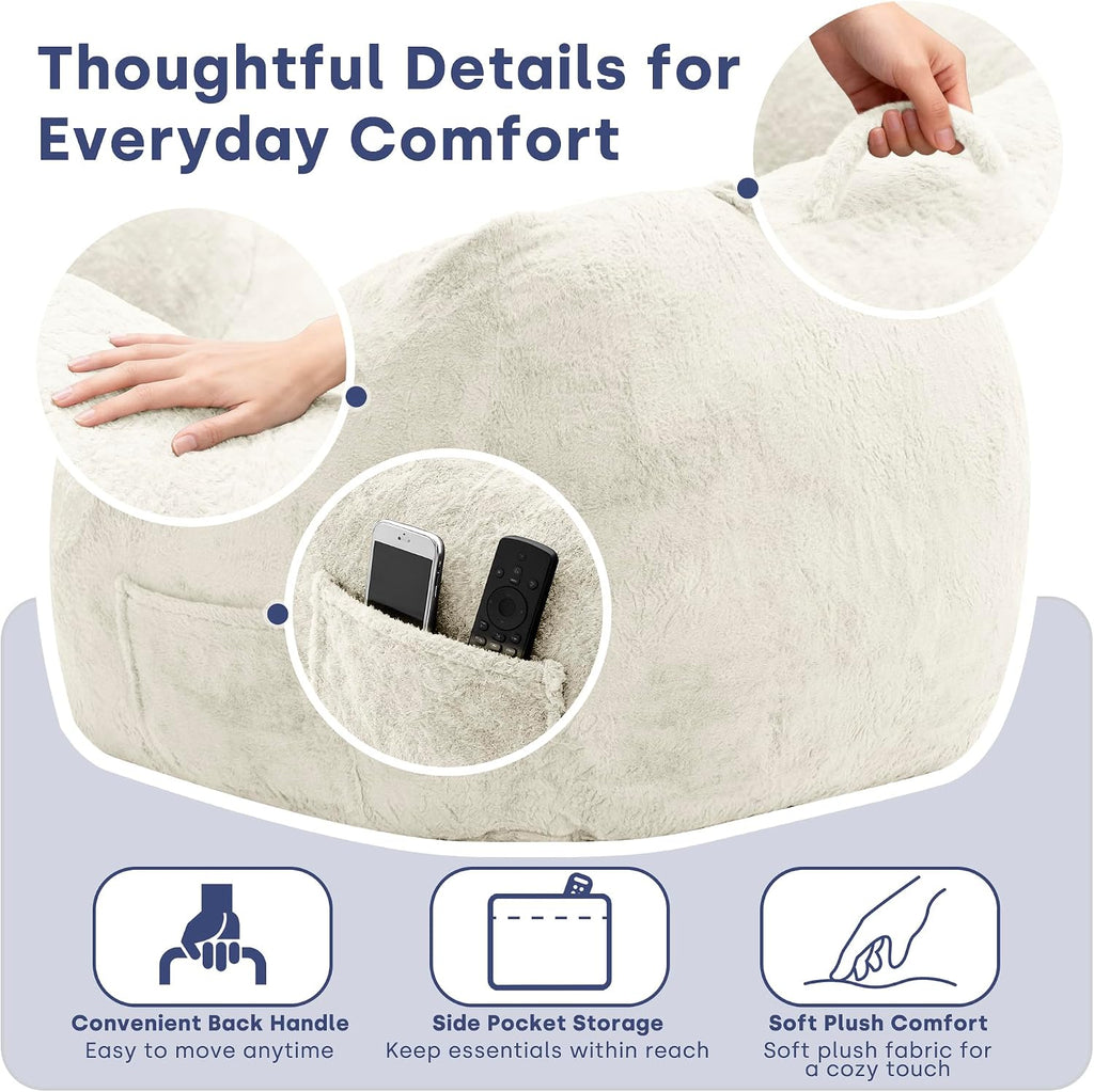 SUNBURY 47.2' L-Shaped Bean Bag Chair with Arms, Memory Foam Filled Lazy Sofa with Portable Handle & Side Pocket, Plush Floor Chair for Adults, Living Room, Bedroom, Reading Corner (Cream White)