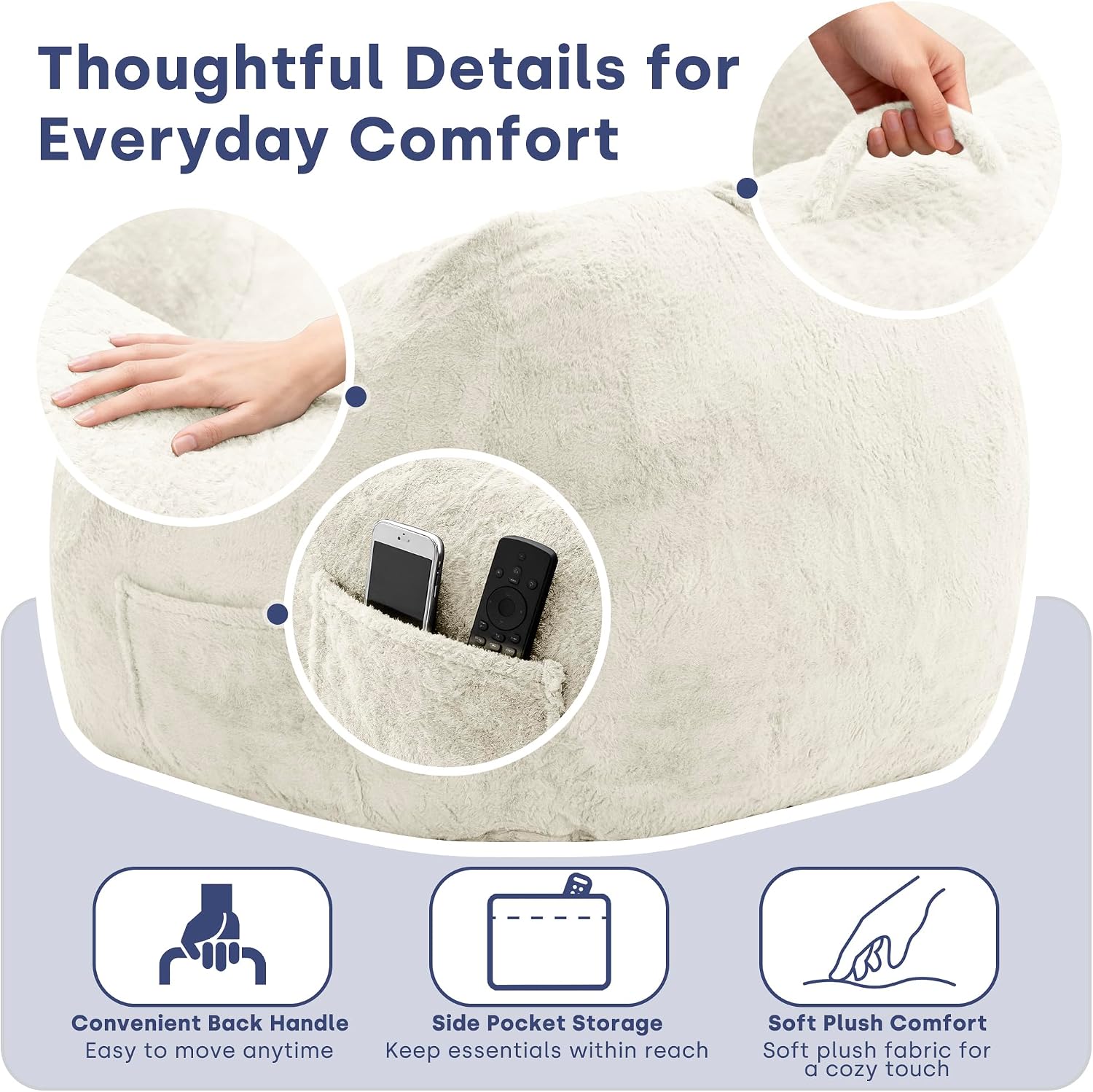 SUNBURY 47.2' L-Shaped Bean Bag Chair with Arms, Memory Foam Filled Lazy Sofa with Portable Handle & Side Pocket, Plush Floor Chair for Adults, Living Room, Bedroom, Reading Corner (Cream White)