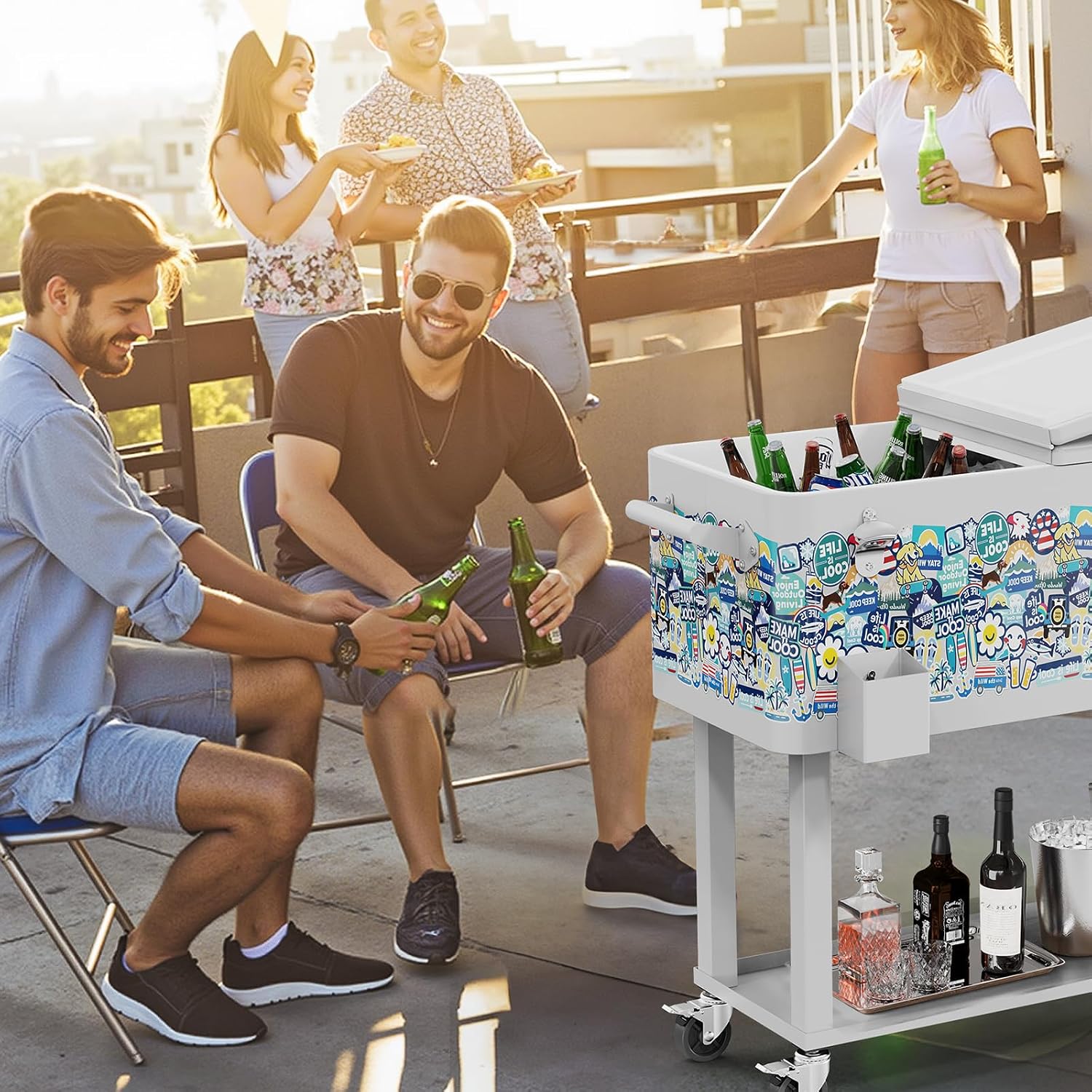 VINGLI Rolling Ice Chest, Portable Patio Party Bar Drink Cooler Cart, with Shelf, Beverage Pool with Bottle Opener
