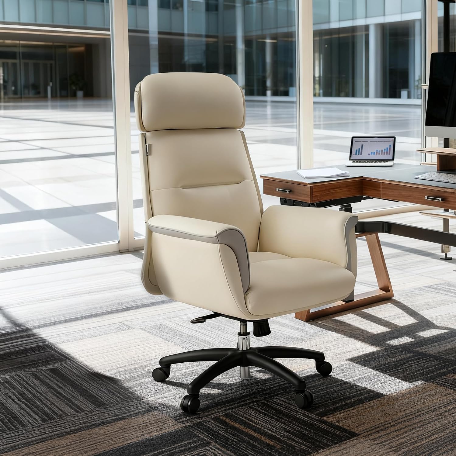 EUREKA ERGONOMIC Microfiber Leather Office Chair Ergonomic Desk Chair, Executive Chair Office Gaming Chair, Comfy Big and Tall Office Chair with Elevatable Headrest & Padded Armrests, Beige