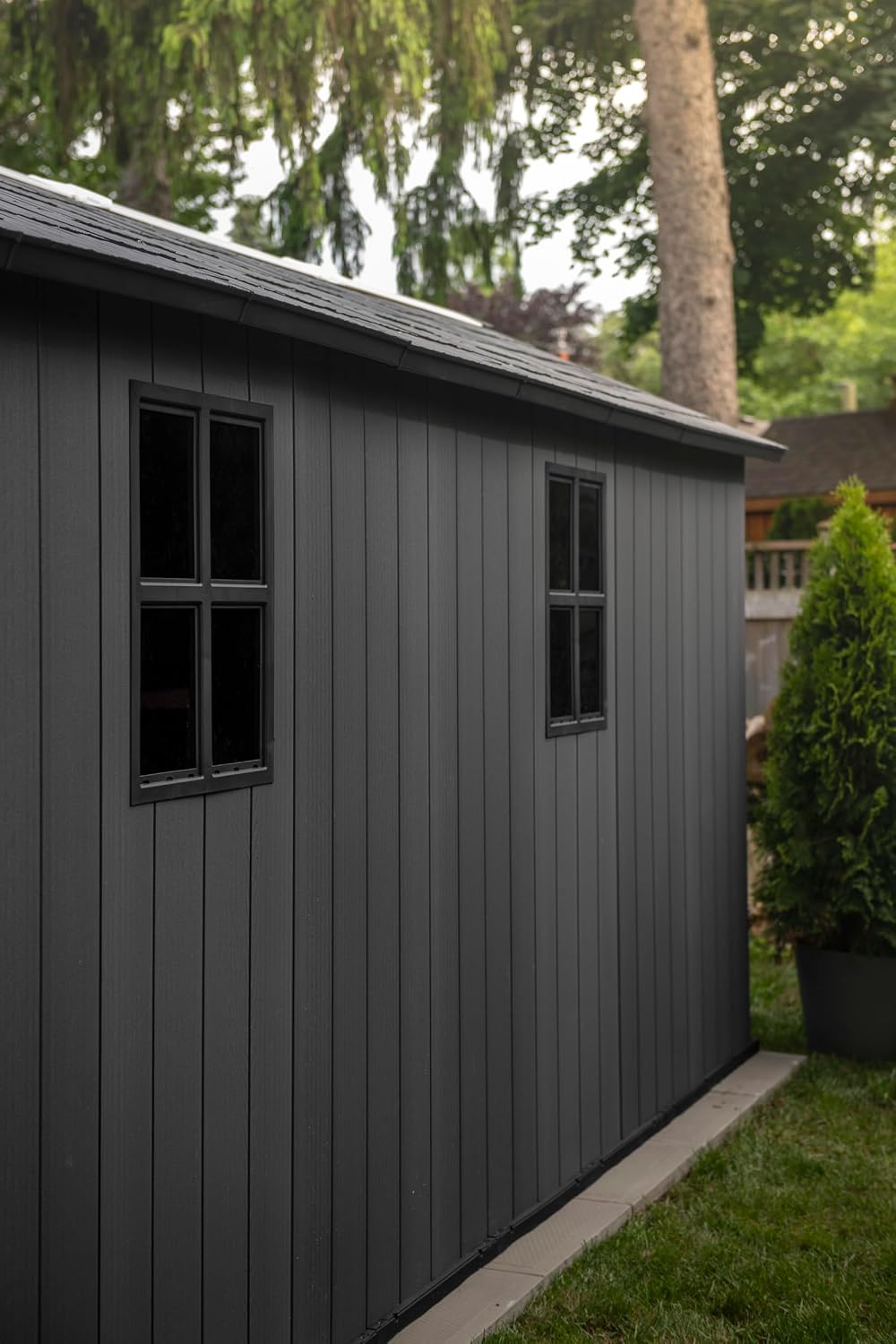 Keter Newton Plus 7.5x13 Ft All-Weather Storage Shed with Skylight, Window, Built-in Ventilation, Customizable Walls, & Lockable Double Doors, Graphite