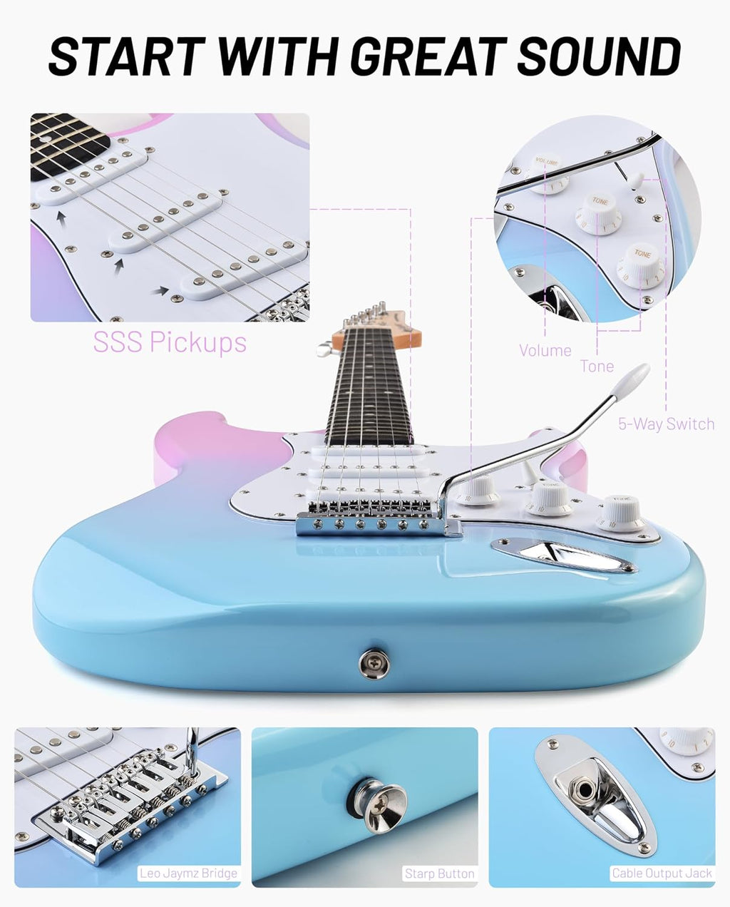 Leo Jaymz Beginner Electric Guitar Complete Kit with Portable Amp, Padded Gig Bag & Full Accessories, Maple Neck SSS Pickups(Pink-Blue Fade)
