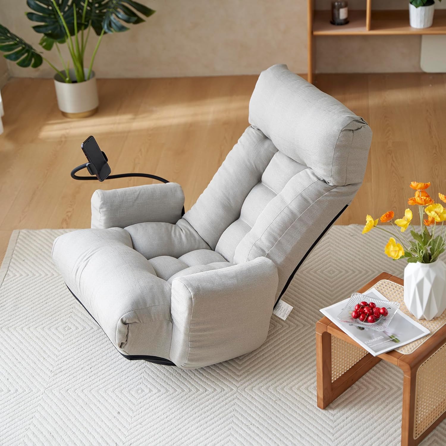 Lounge Sofa Chair with Side Pocket Armrests & Phone Holder. Gaming Chair for TV, Reading,Video,Games.Indoor Floor Chaise in Livingroom, Bedroom.Adjustable Foldable Backres&360° Swivel (Gray)