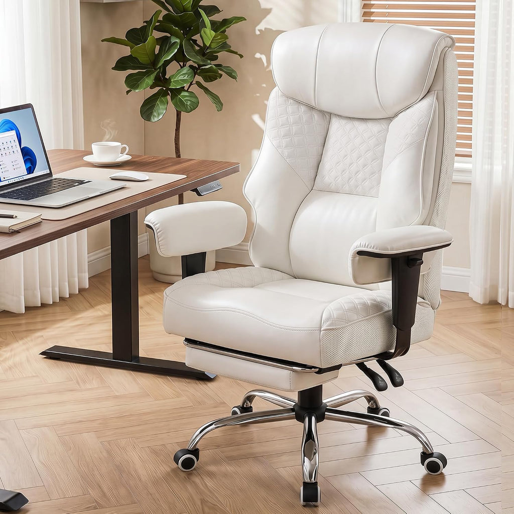 GTPLAYER Big and Tall Office Chair, High Back Computer Gaming Chair with Ergonomic Lumbar Support &Pocket Spring Cushion for Lower Back Pain Relief, Leather Executive Chair with Foot Rest, White