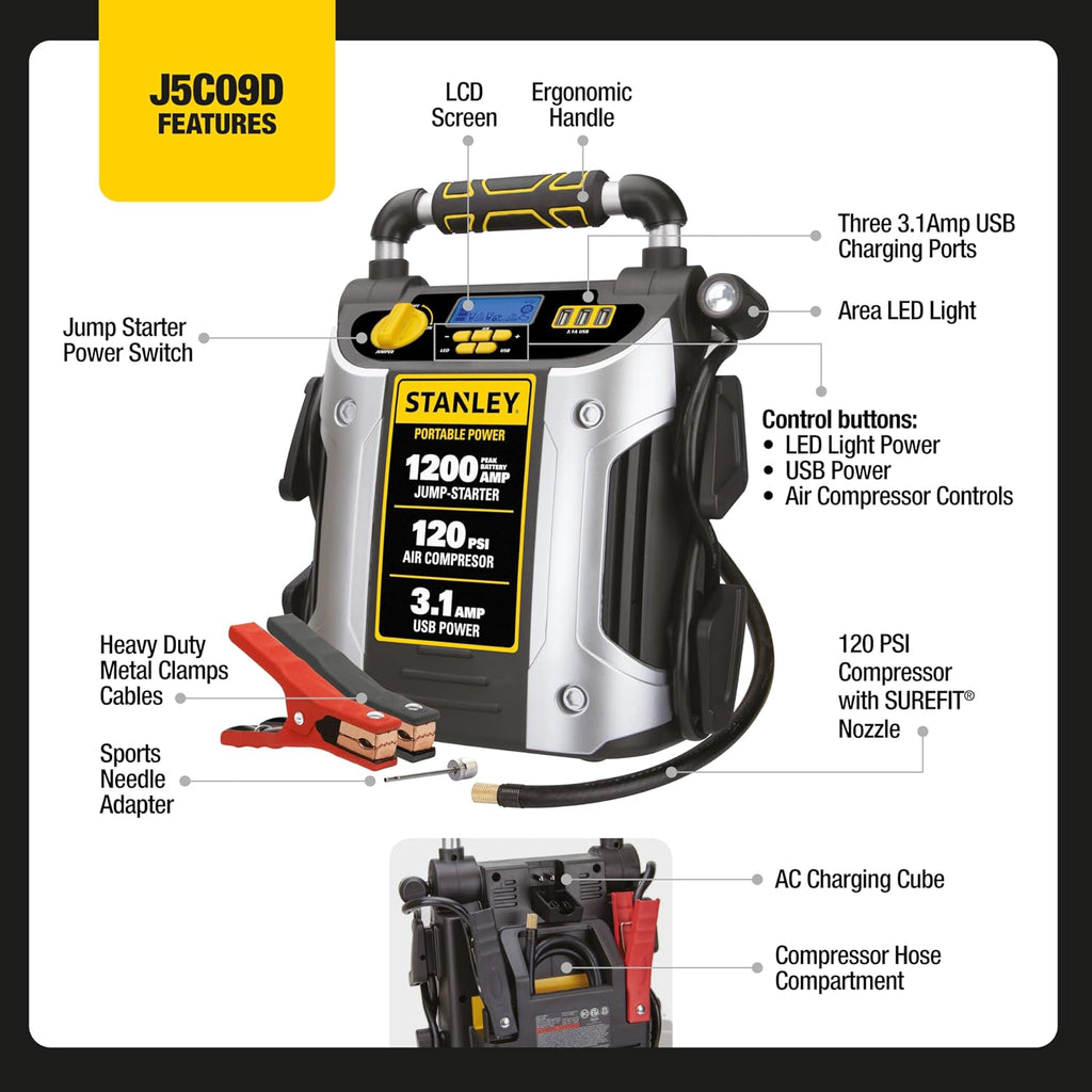 Stanley J5C09D 1200 Peak Amp Automotive Jump Starter, Portable Power – 2.1A/10W USB Port, 120 PSI Air Compressor
