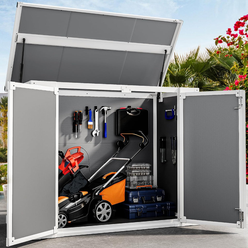 DWVO 41 Cu.ft Horizontal Resin Storage Shed, All Weather 4.7x2.5 FT Outdoor Garden Shed with Hydraulic Struts, 3 Locks, Lockable to Floor for Garden Tools, Trash Cans, Gray