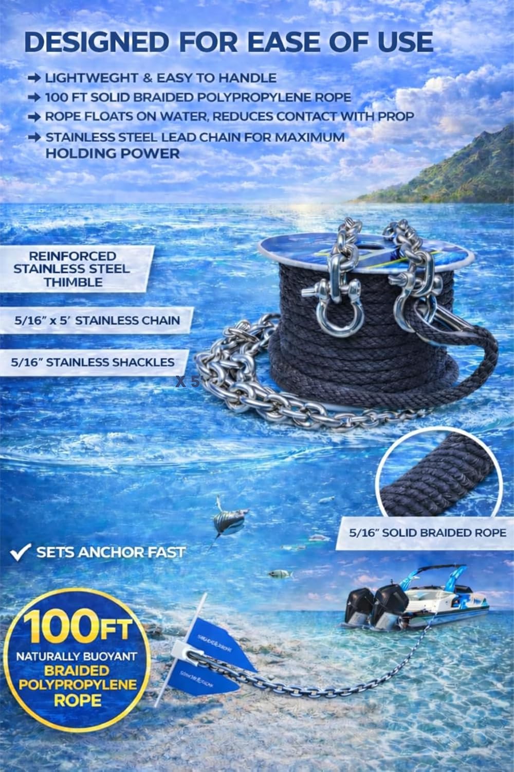 SandShark Premium Fluke Anchor-Retractable Shaft Easy Storage-Aluminum Pontoon Boat Anchor, Jet Ski Anchor. Boats<30 ft. Sand Anchor for Boat, Boat Anchor.