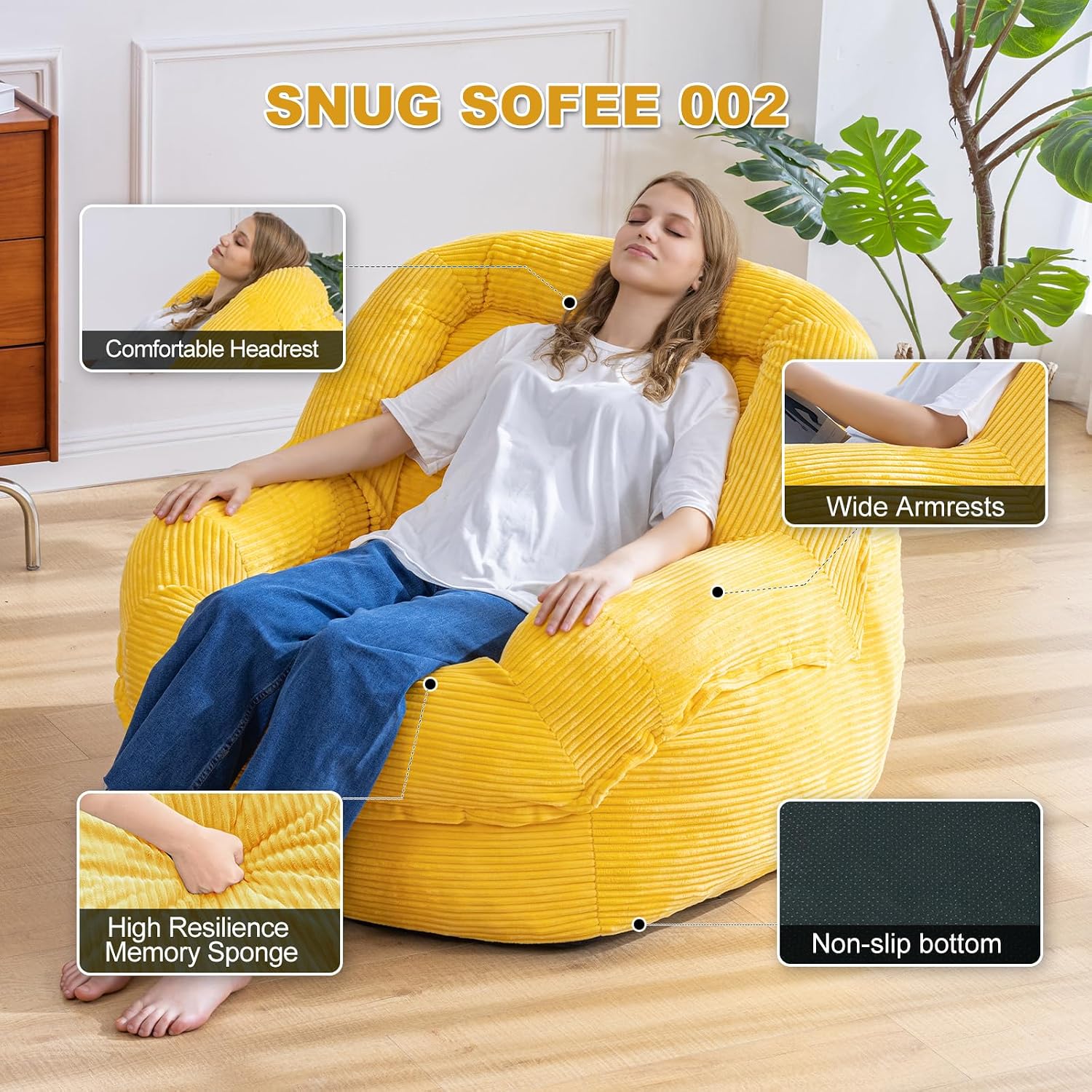 Giant Bean Bag Chair with Armrests - Oversized Cozy Seating for Adults, Corduroy Fabric & High-Resilience Foam Filling, Ideal Lounge for Living Room, Bedroom & Gaming Room (Corn Yellow)