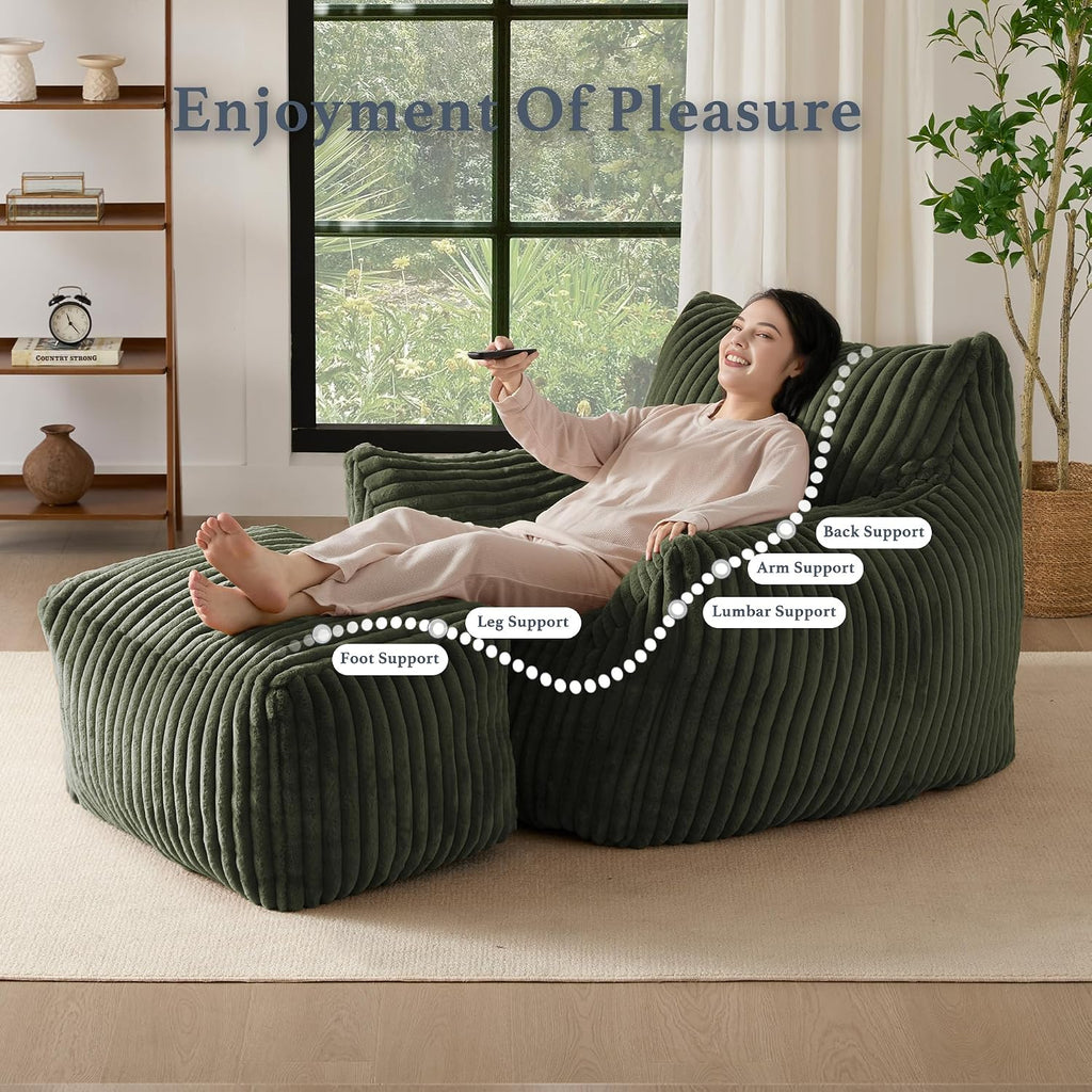 Gericco Oversized Bean Bag Chaise Lounge Chair Indoor for Adults with Armrests & Ottoman - Giant Comfy Green Beanbag Lazy Floor Sofa Cloud Accent Chair for Reading, Gaming, Cozy Plush Cloud Mini Couch