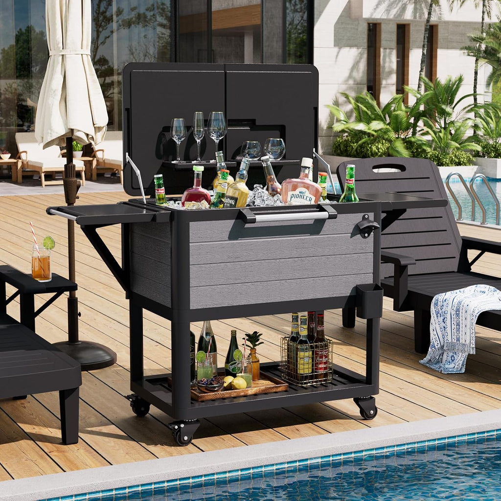 104 Quart Patio Rolling Ice Chest Large Cooler Cart with Wheels, Portable Mobile Outdoor Coolers Bar Cart with Storage Shelf & Bottle Opener for Drinks, Party, Camping, Backyard, Deck, BBQ