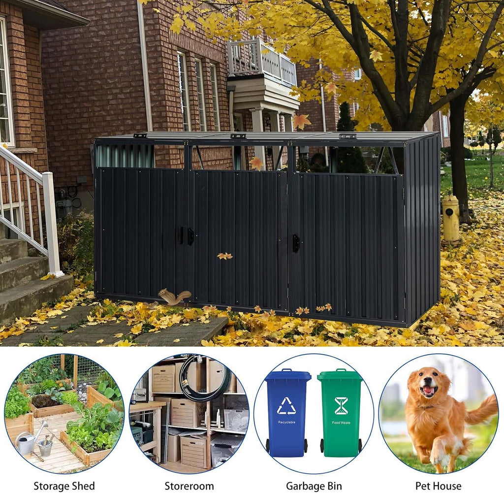 Outdoor Garbage Bin Storage Shed for 3 Trash Cans, Stainless Galvanized Steel Bin Shed with Lockable Doors, Metal Trash Can Hider for Garden Yard Lawn (Black)