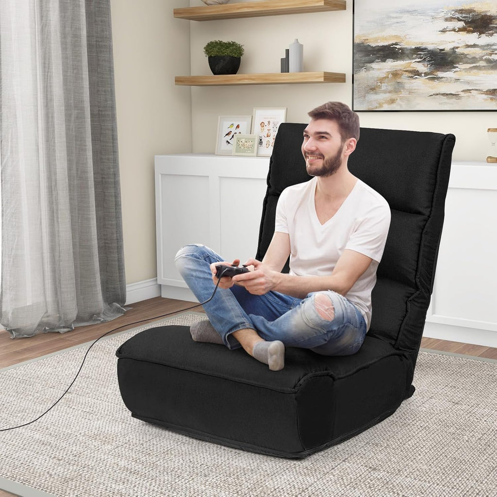 KOMFOTT Folding Floor Chair for Adults, Floor Gaming Chair with 5-Position Adjustable Headrest & 4-Position Adjustable Backrest, Side Pocket, Floor Seating Lazy Sofa for Reading, Meditating, Black