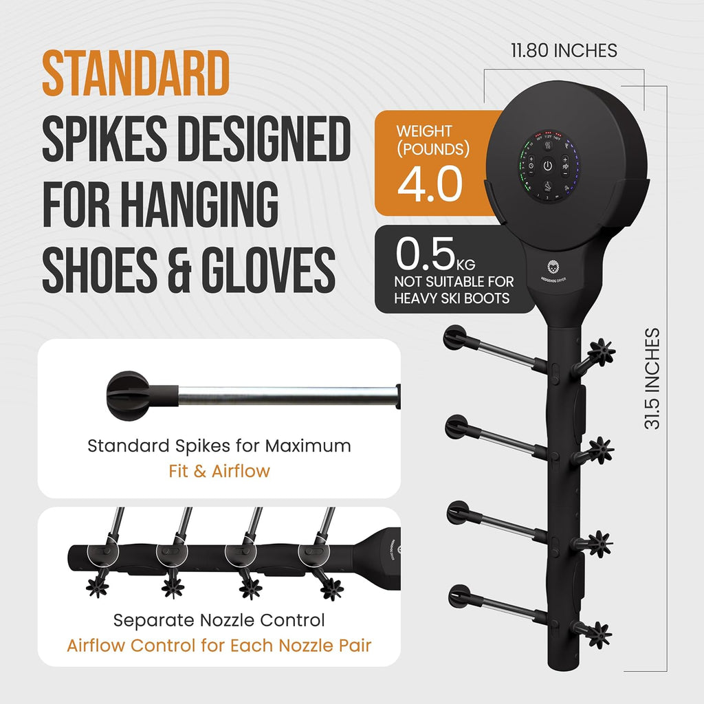 Hedgehog Portable Shoe Dryer and Deodorizer for Sneakers Wall Mounted, Gloves & Mittens, Rapid 4 Pair Shoes Dryer, Turbocharged Drying, Silent & Tornado Mode, Adjustable Heat Blower, Black