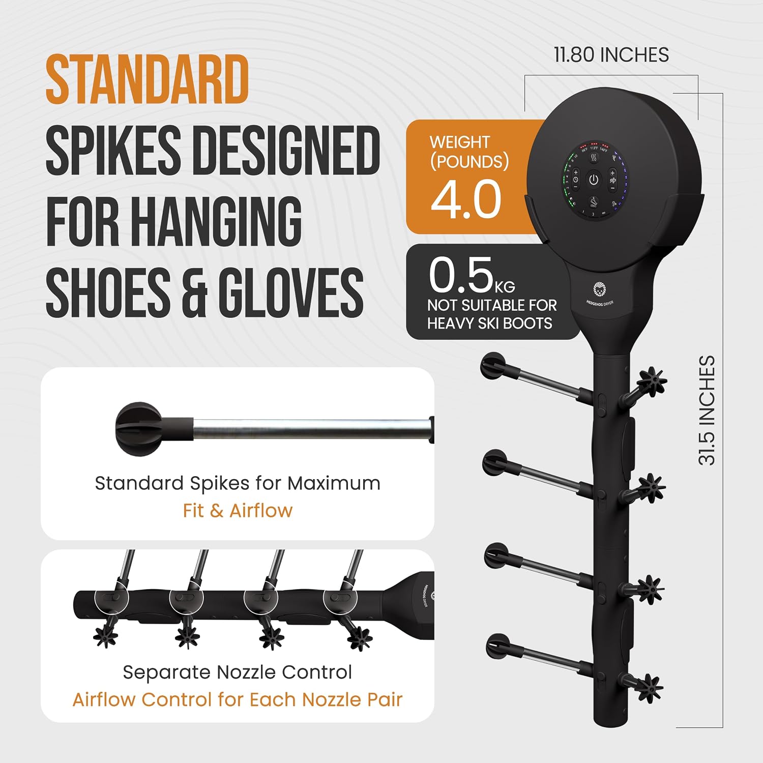 Hedgehog Portable Shoe Dryer and Deodorizer for Sneakers Wall Mounted, Gloves & Mittens, Rapid 4 Pair Shoes Dryer, Turbocharged Drying, Silent & Tornado Mode, Adjustable Heat Blower, Black