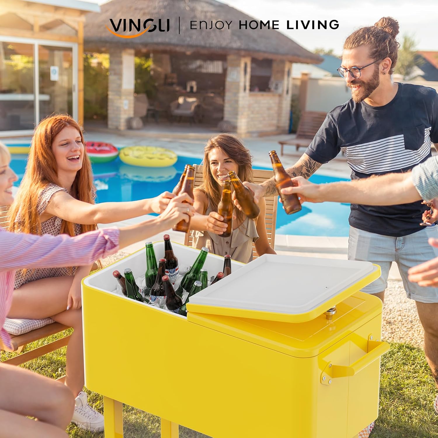 VINGLI Rolling Ice Chest, Portable Patio Party Bar Drink Cooler Cart, with Shelf, Beverage Pool with Bottle Opener