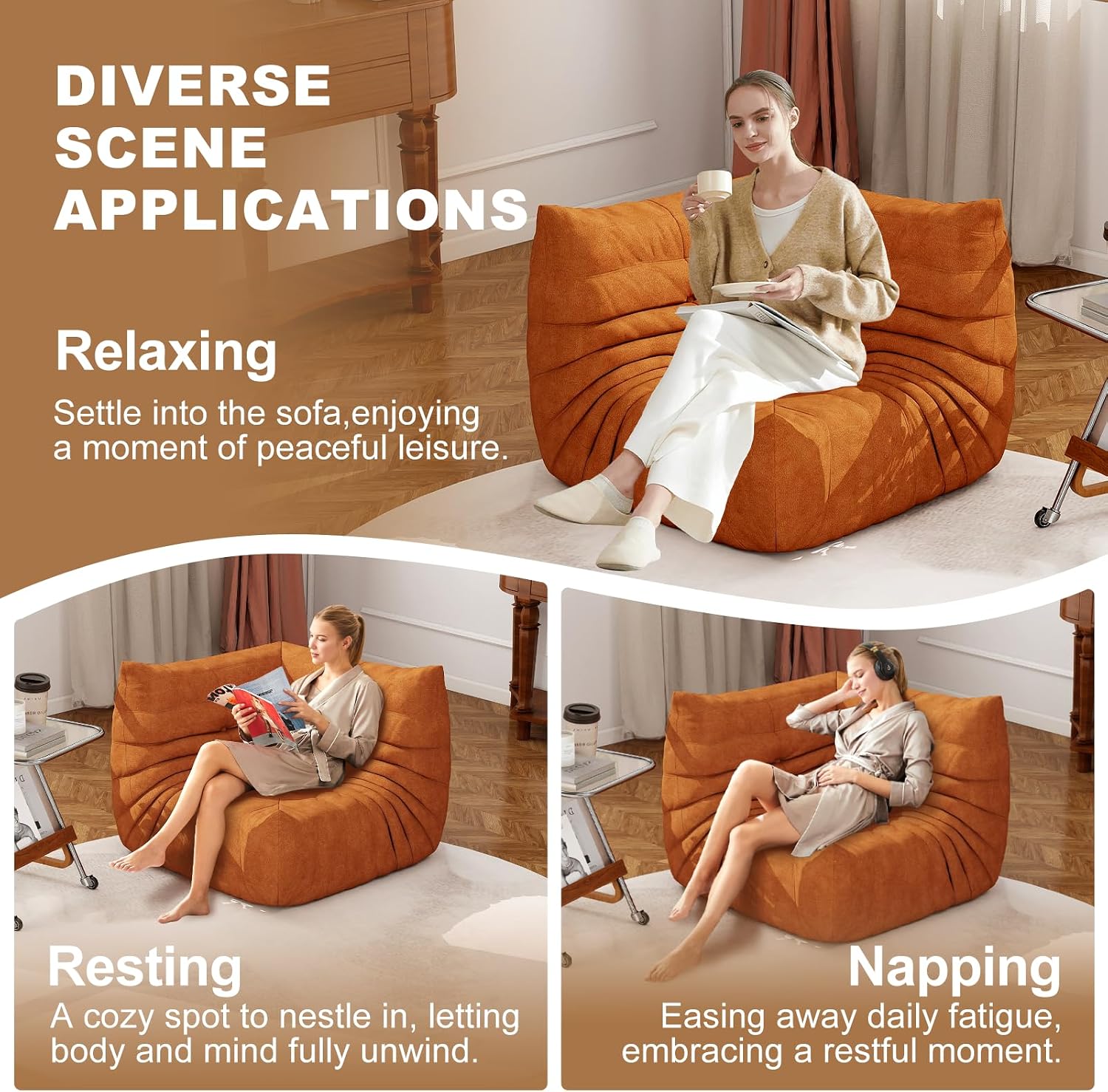 Full Foam Corner Chair – Comfortable Floor Couch for Adults, Waterproof Upholstery, Armless Fireside Lounge Chair for Living Room, Apartment, or Office (DarkOrange)