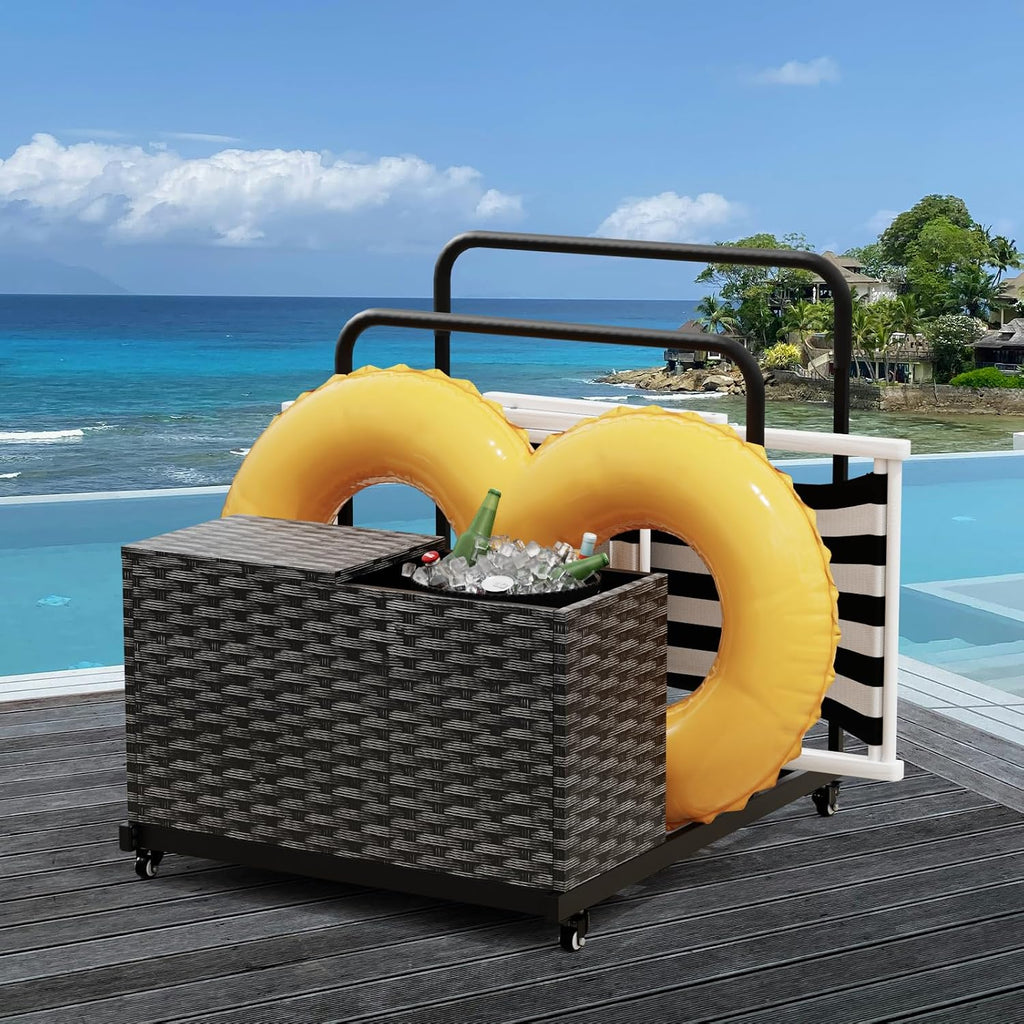 FONTOI Pool Storage, Pool Float Storage Bin with Wheels, Waterproof Metal with Rattan Pattern Textured UV Print Outdoor Pool Towel Rack, All-Weather Float Storage Organizer for Cushions, Black