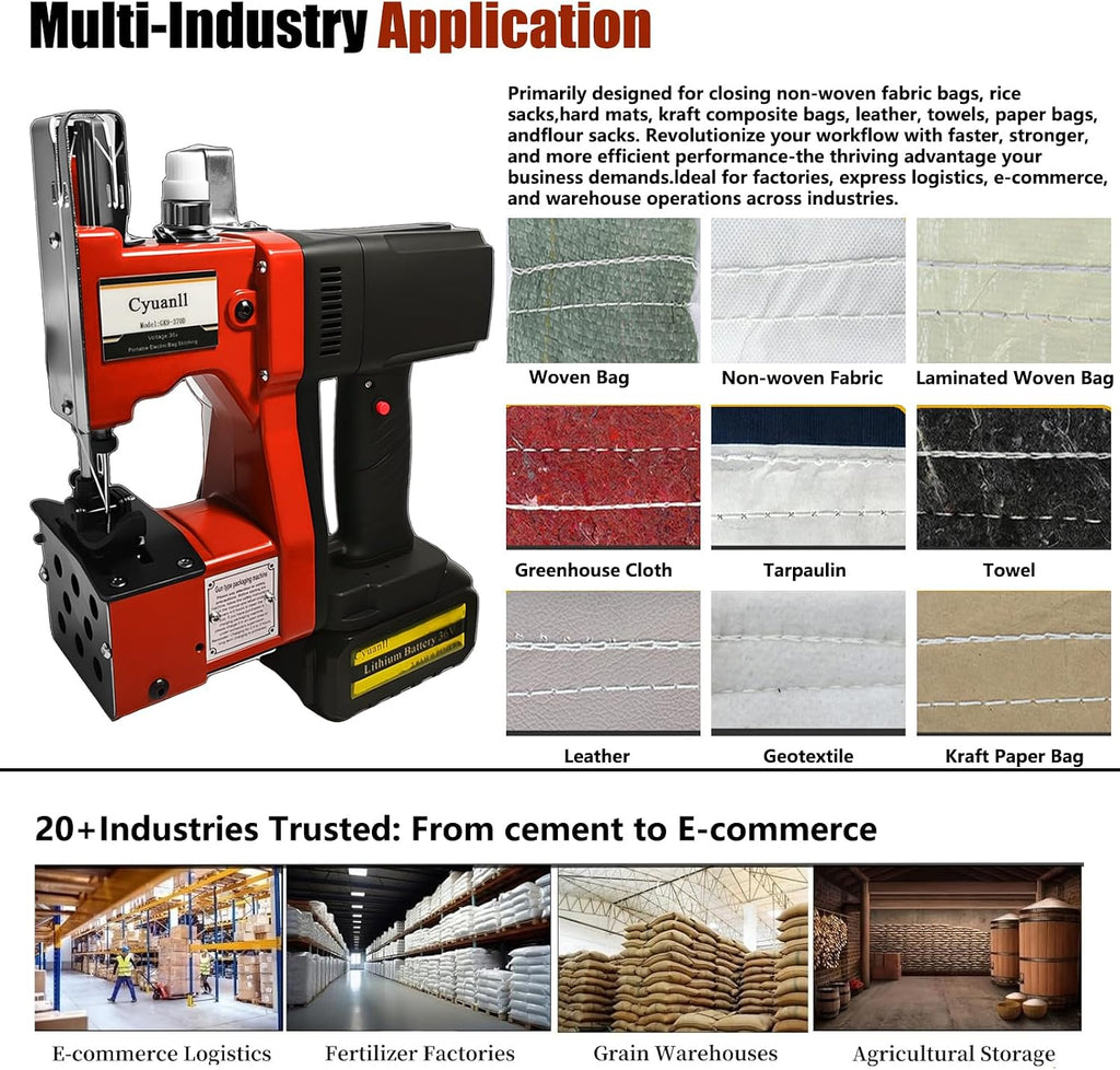 Bag Sewing Machine-Portable Battery Handheld Cordless Bag Sewing Machine,Automatic Bag Stitcher With Thread for Burlap Sack, Canvas,Feed Sacks,Rice Bags,Jute Bags,Seed Bags(Machine+1 battery)-Red