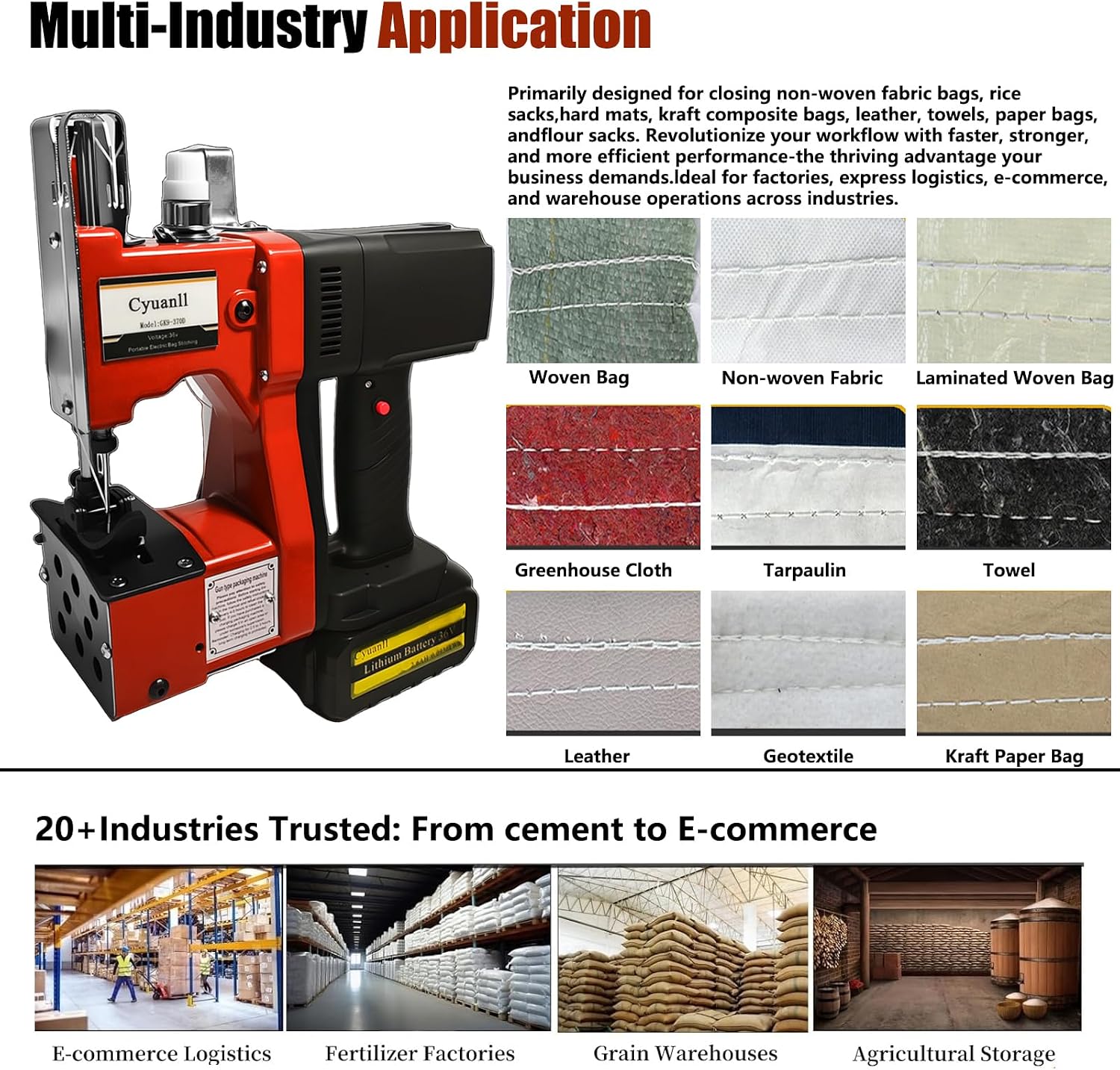 Bag Sewing Machine-Portable Battery Handheld Cordless Bag Sewing Machine,Automatic Bag Stitcher With Thread for Burlap Sack, Canvas,Feed Sacks,Rice Bags,Jute Bags,Seed Bags(Machine+1 battery)-Red