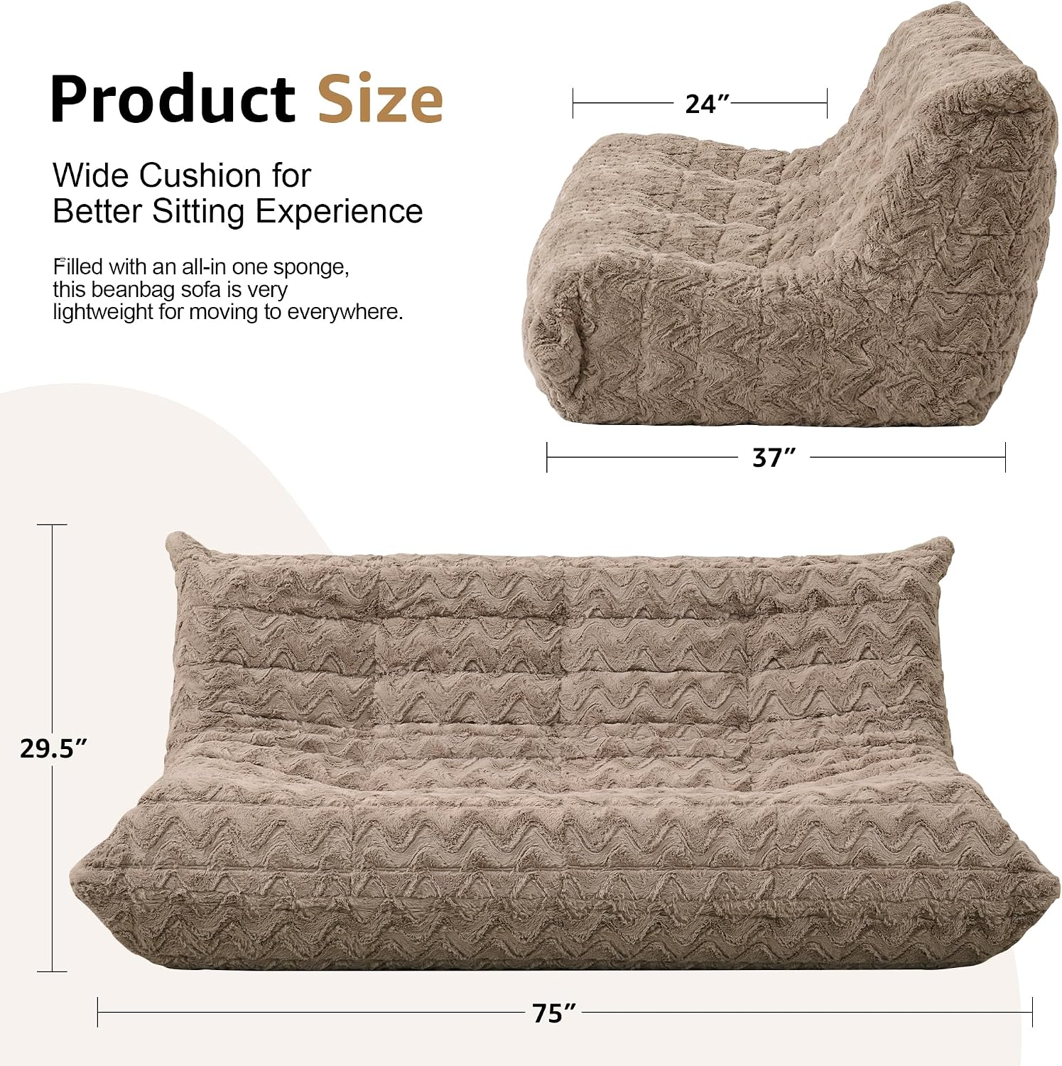 Bean Bag Chairs for Adults Giant Bean Bag Chair Memory Foam BeanBag Chair Bean Bag Sofa with Filler Faux Fur Fireside Beanbags Lazy Sofa for Living Room Bedroom Office (Brown Chevron, 3-Seater)