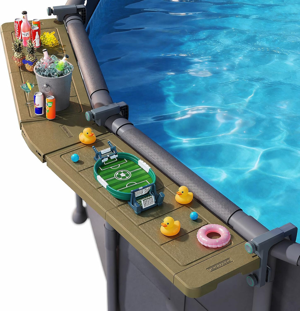 POOLHACKER Poolside Bar Extended for Above-Ground Round Pools, Original Swim-Up Bar Table, Foldable Patio Poolside Table, Weather-Resistant Stable Tabletop, Easy Maintenance, Brown