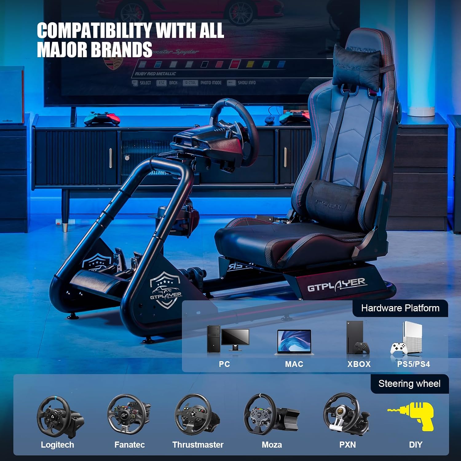 GTPLAYER Racing Simulator Cockpit with Seat and Bluetooth Speakers, Racing Style Reclining Seat and Ultra-Sturdy Alloy Steel Frame (Black)