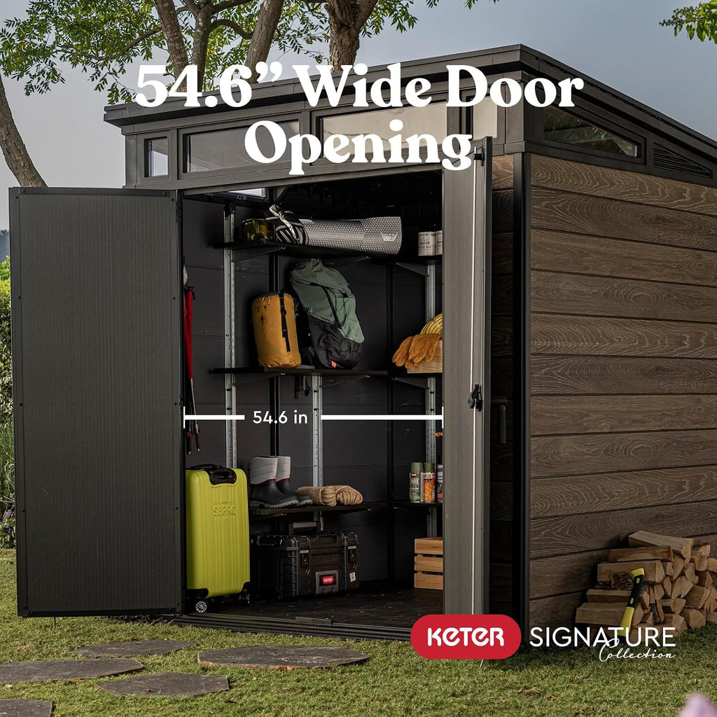 Keter Signature Collection 7x7 Ft All-Weather Storage Shed with Skylight, Window, Built-in Ventilation, & Lockable Double Doors, Walnut