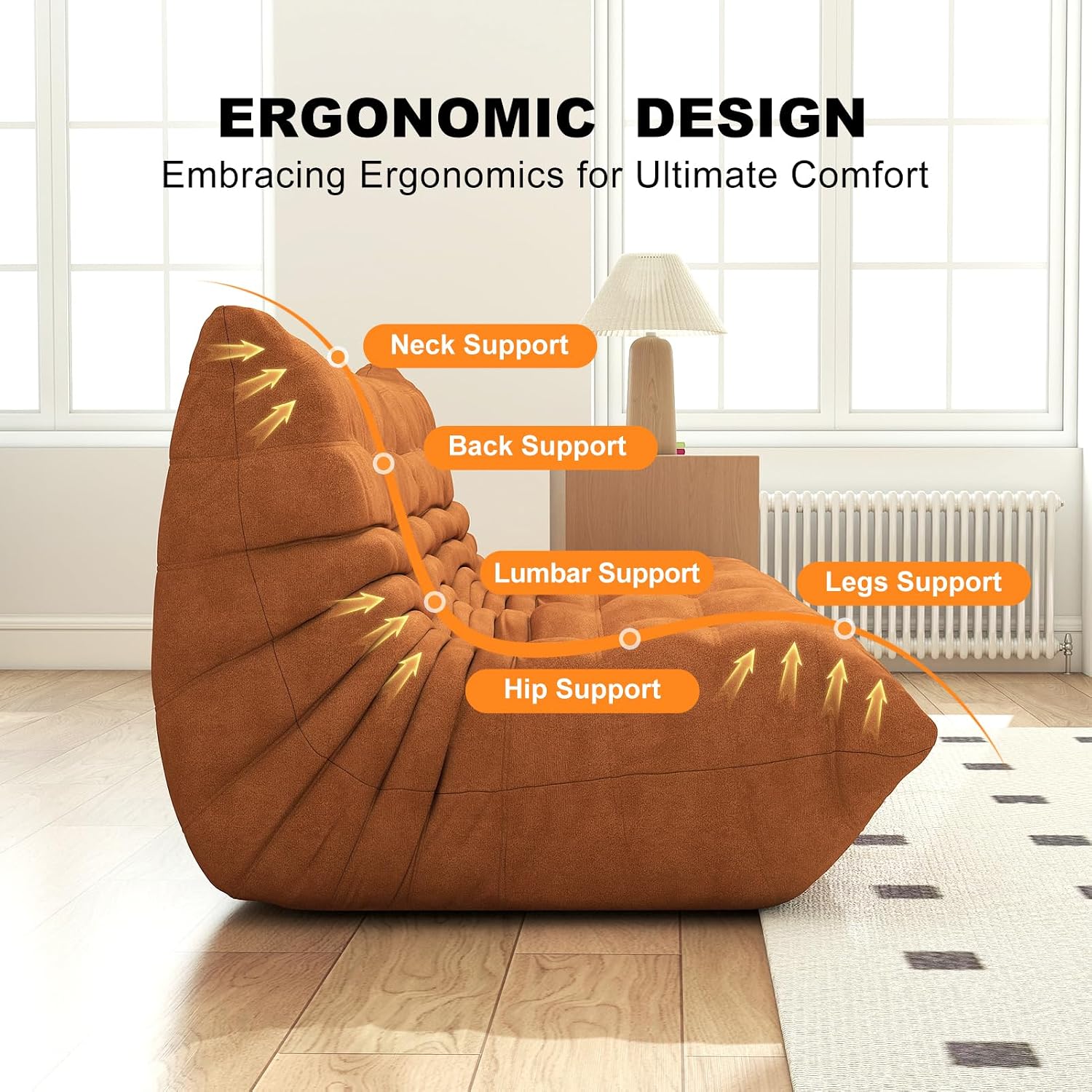Full Foam Three Seater Sofa – Bean Bag Chairs Floor Couch for Adults, Waterproof Upholstery, Armless Fireside Lounge Chair for Living Room, Apartment, or Office (DarkOrange)