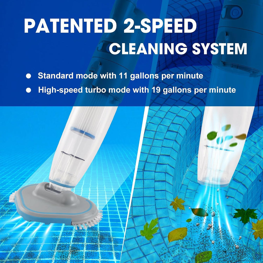 Cordless Handheld Pool Vacuum (Pole Included), Rechargeable Pool Cleaner with 2-Speed Cleaning Mode, 19GPM Suction, Dual Filter System, Perfect for Above/In-Ground Pools, Spas, Hot Tubs