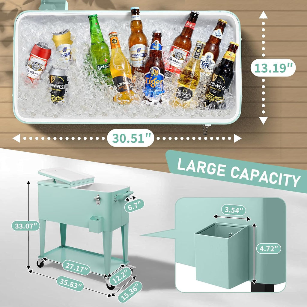 Outvita 80 Quart Rolling Ice Chest, Portable Bar Drink Cooler with Catch Basin, Bottom Storage Tray and Bottle Opener for Patio Party BBQ Beach Activities