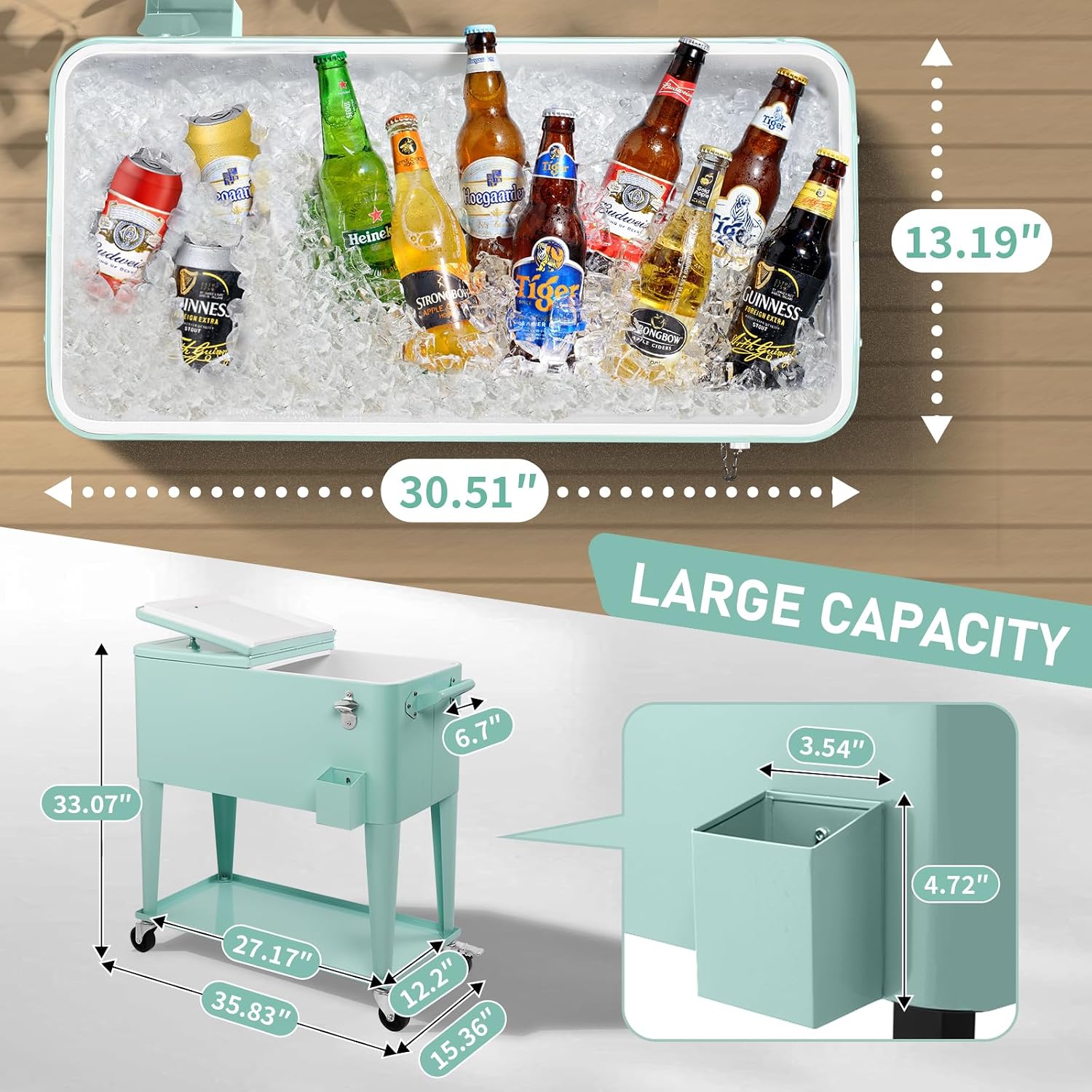 Outvita 80 Quart Rolling Ice Chest, Portable Bar Drink Cooler with Catch Basin, Bottom Storage Tray and Bottle Opener for Patio Party BBQ Beach Activities